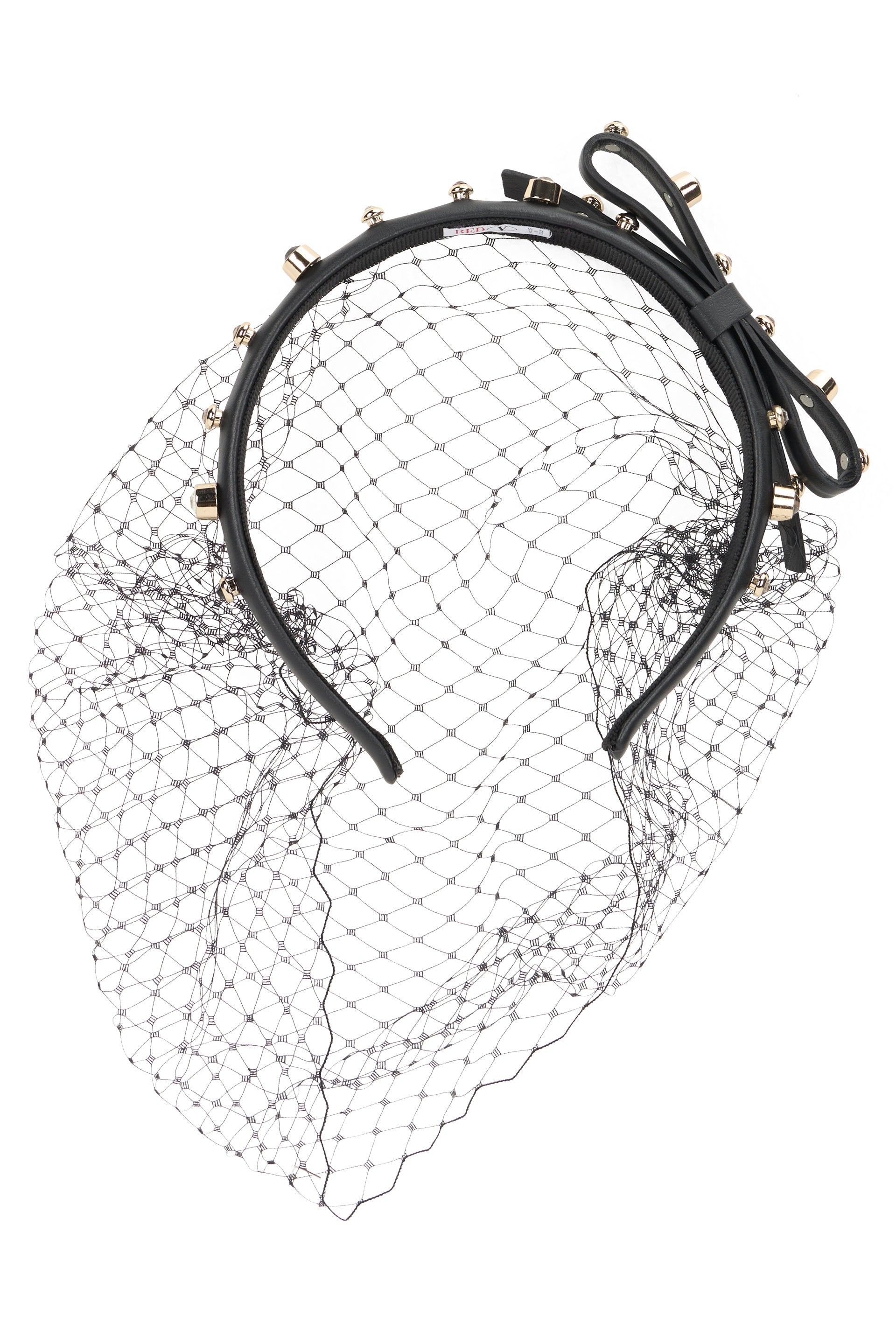 Black headband with studs and mesh of eye-catching design.