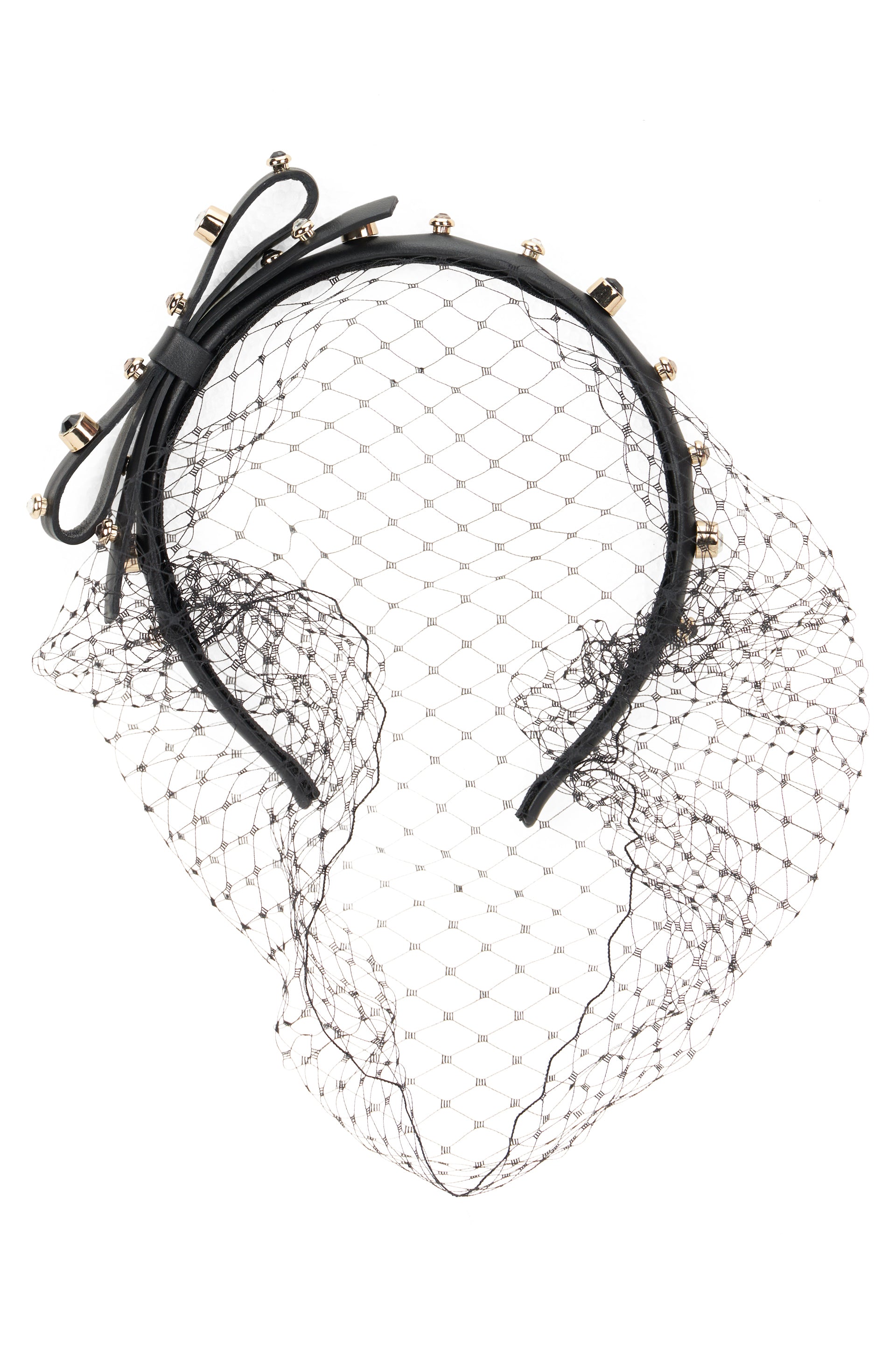 Black headband with studs and mesh of eye-catching design.