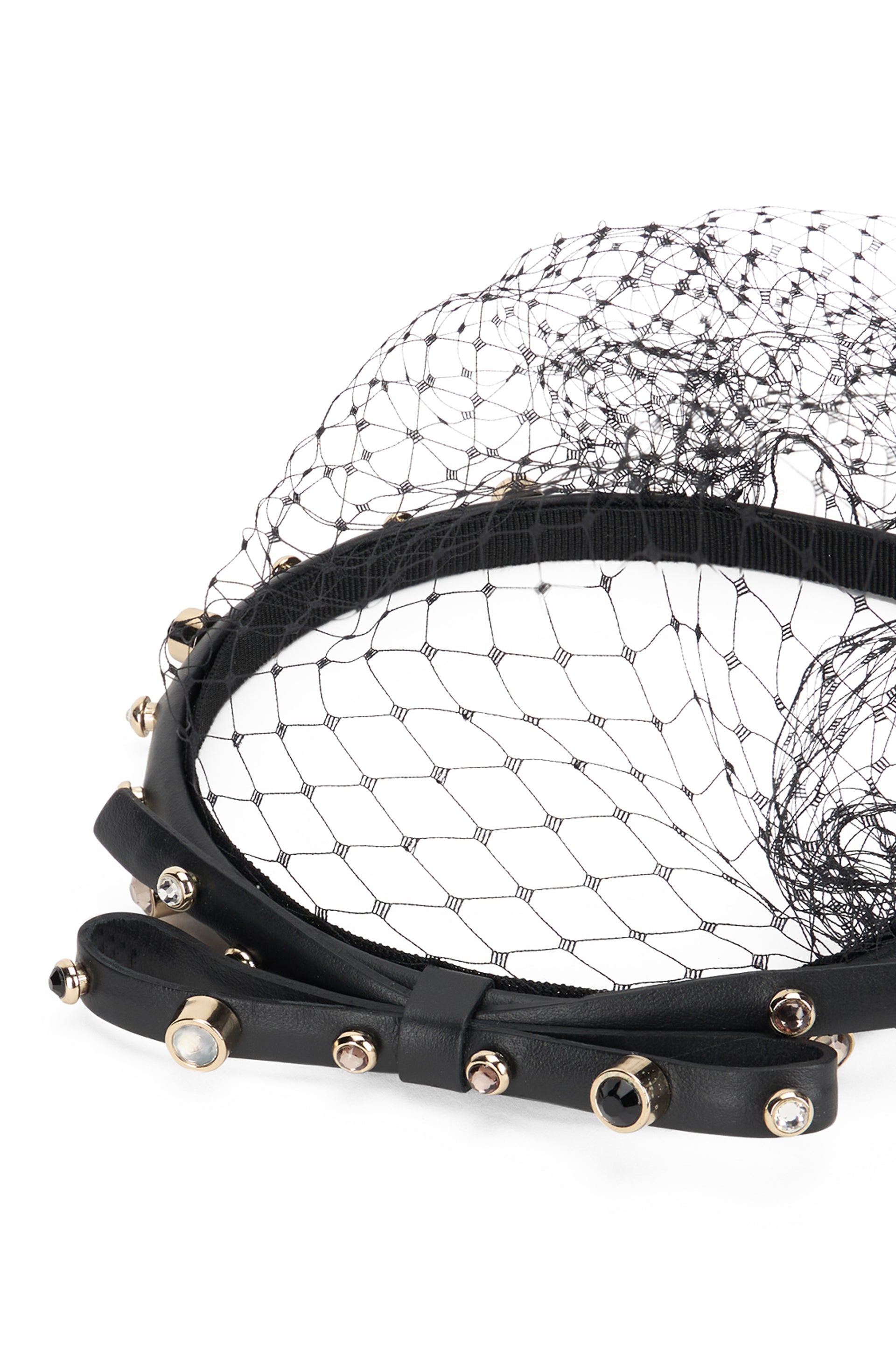 Black headband with studs and mesh of eye-catching design.