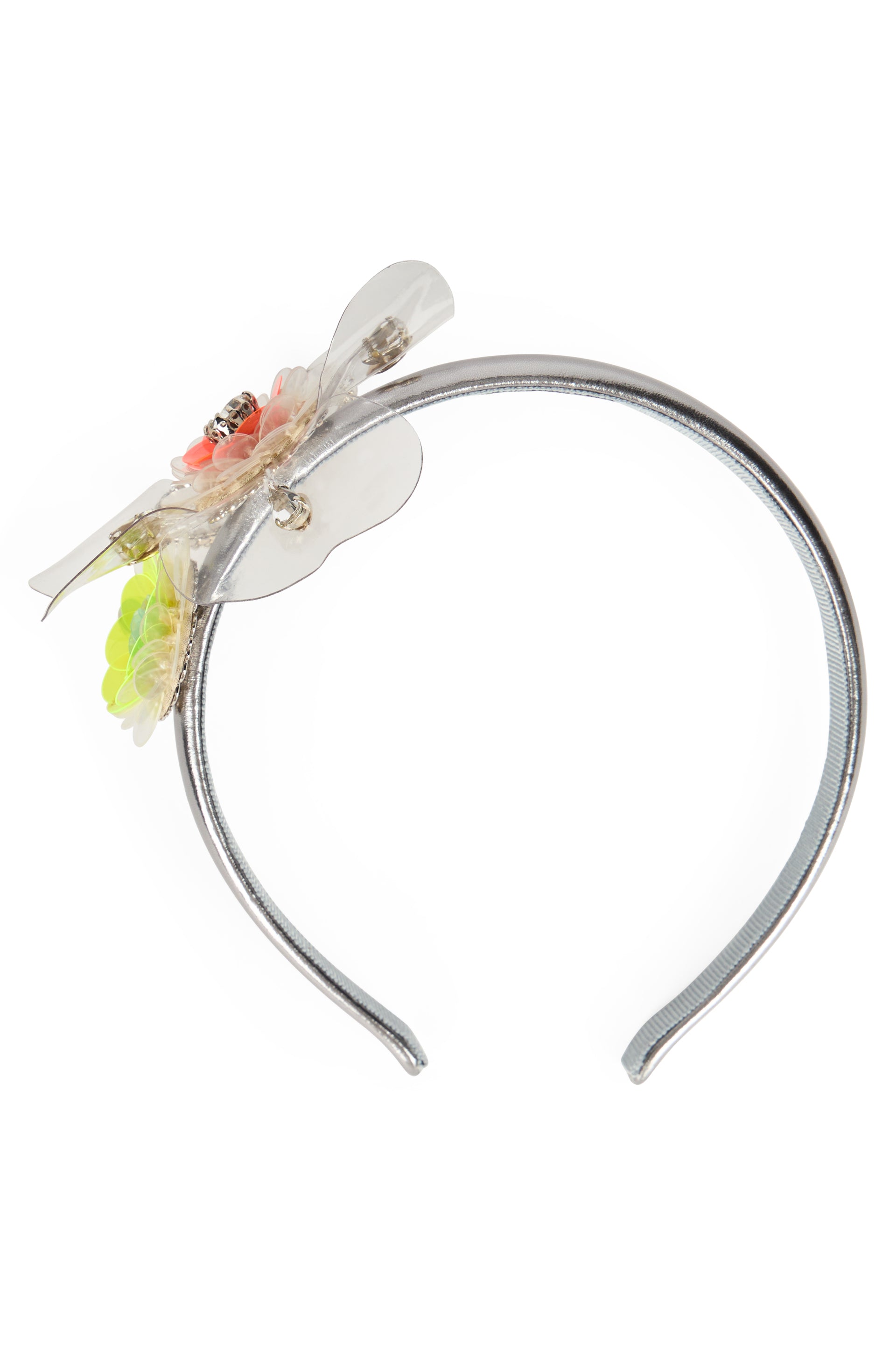 Silver-colored headband with floral details.
