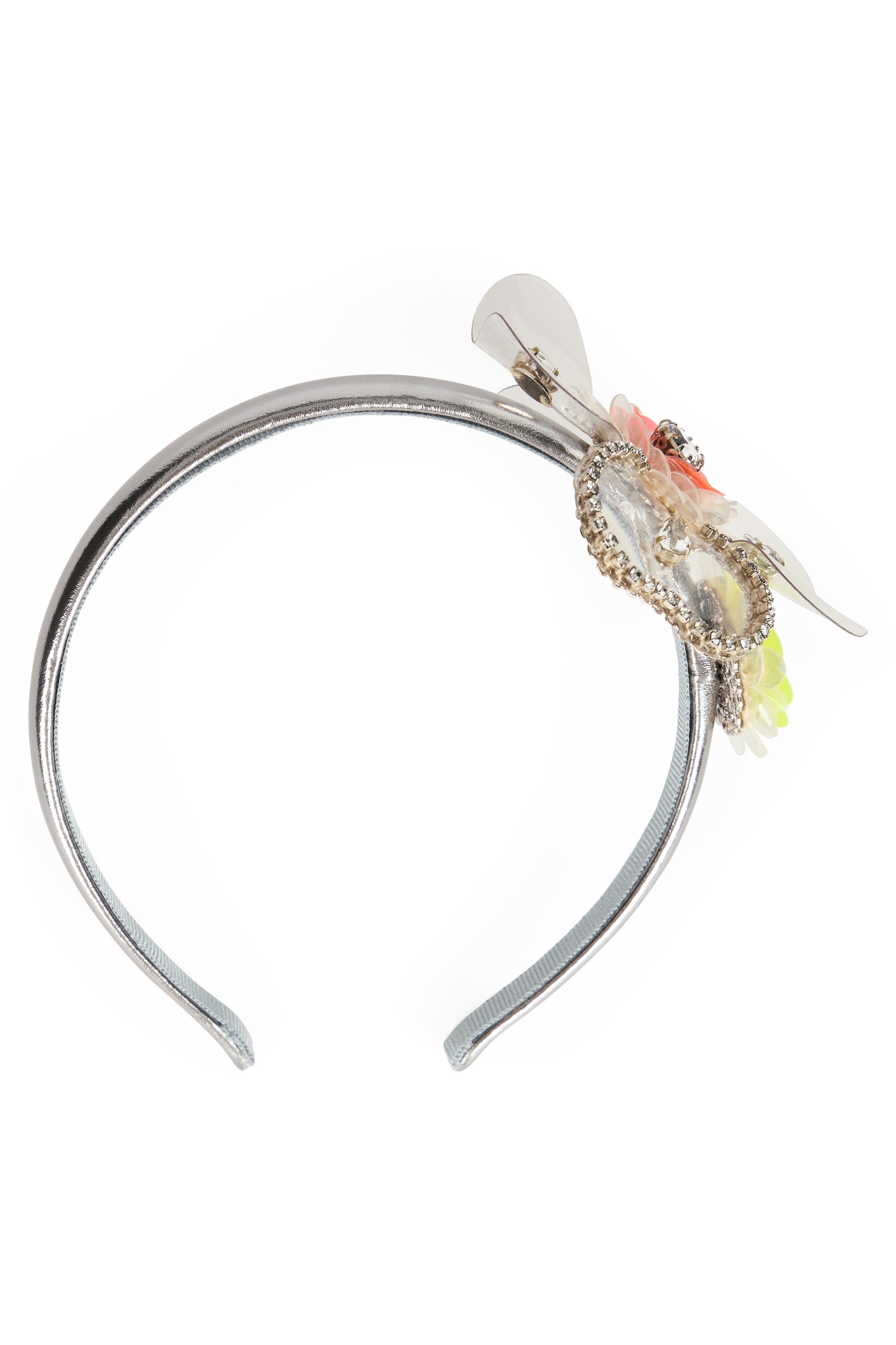 Silver-colored headband with floral details.