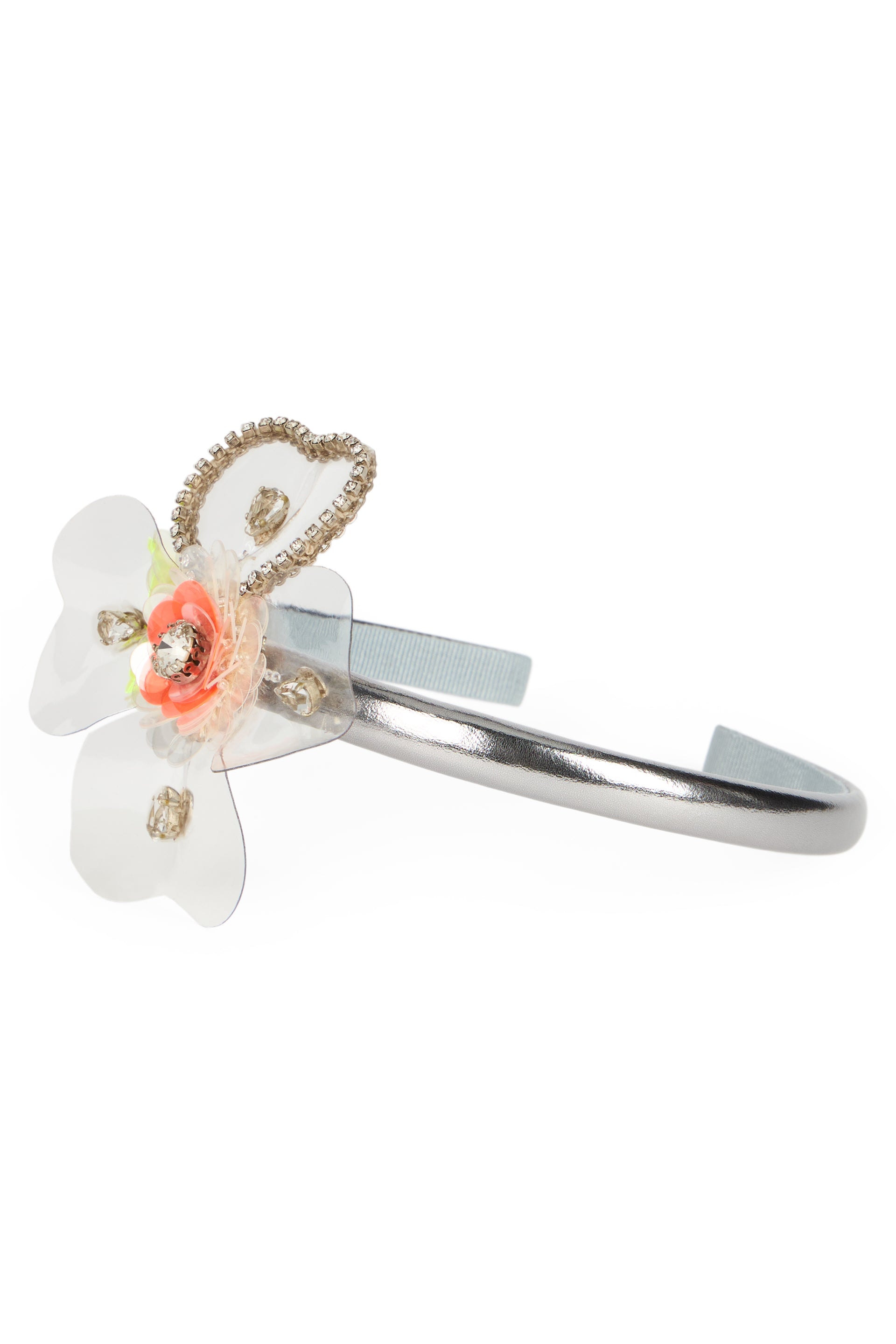 Silver-colored headband with floral details.