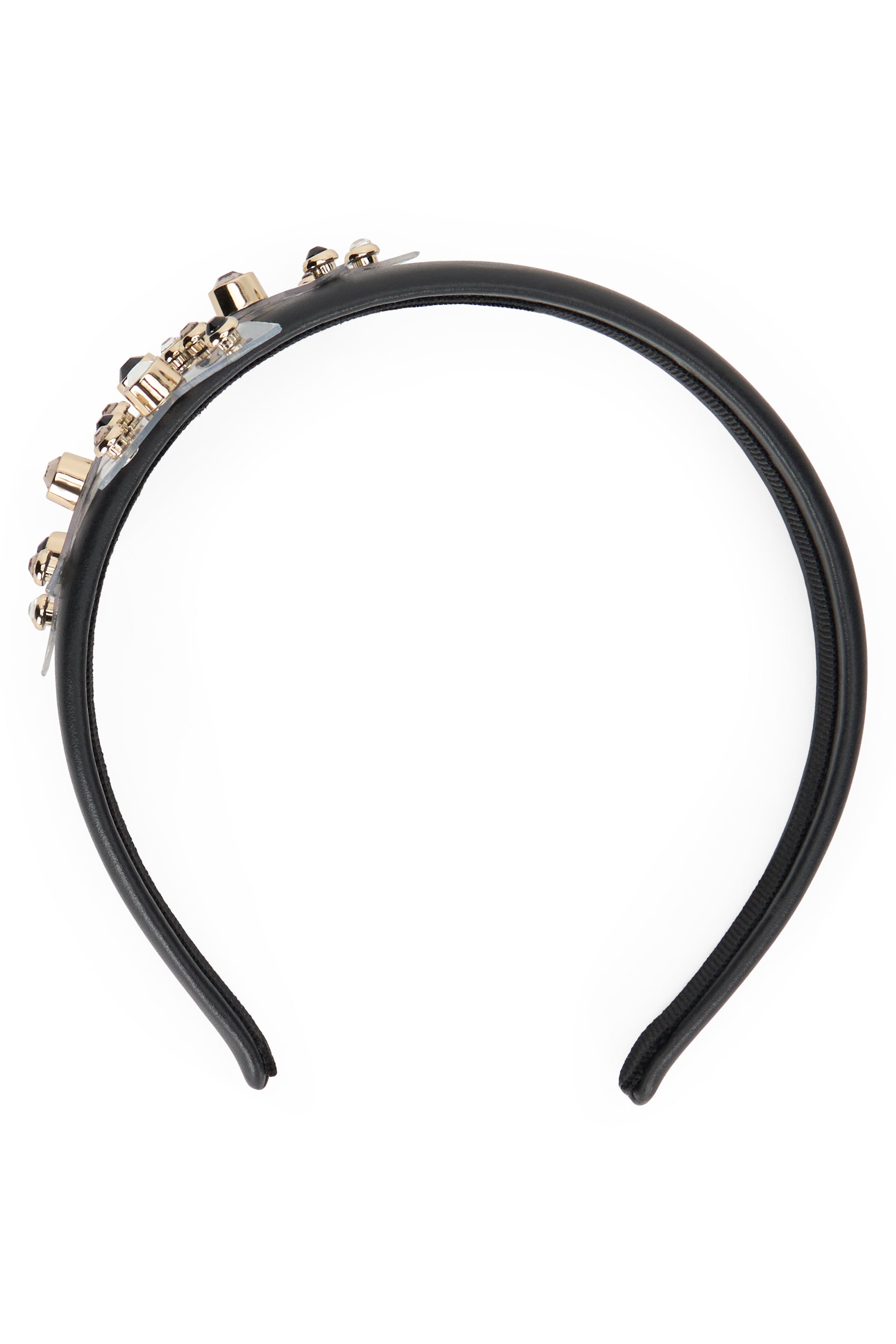 Elegant black hairband with decorative details.