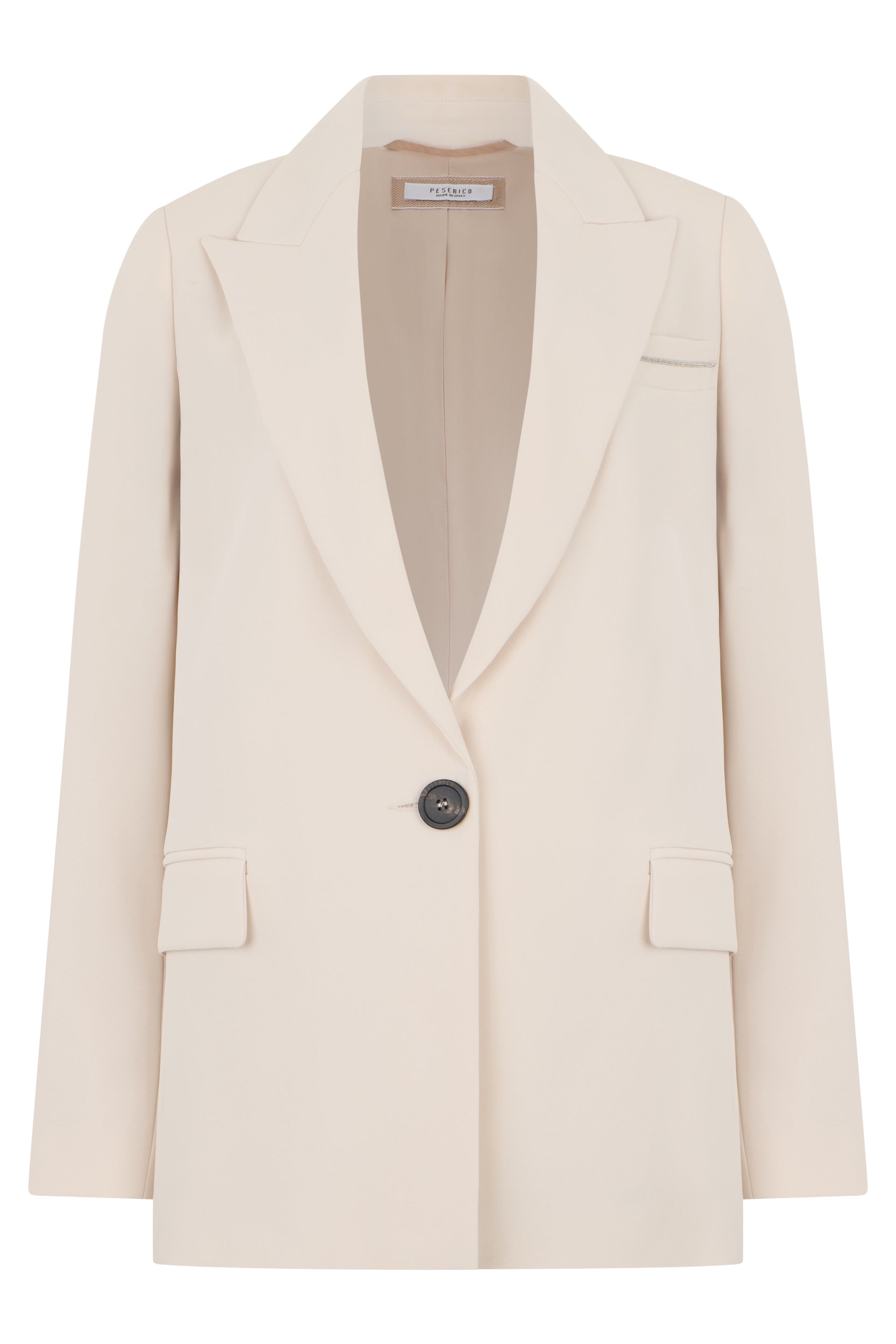 Elegant sand-colored blazer with buttons and side pockets.