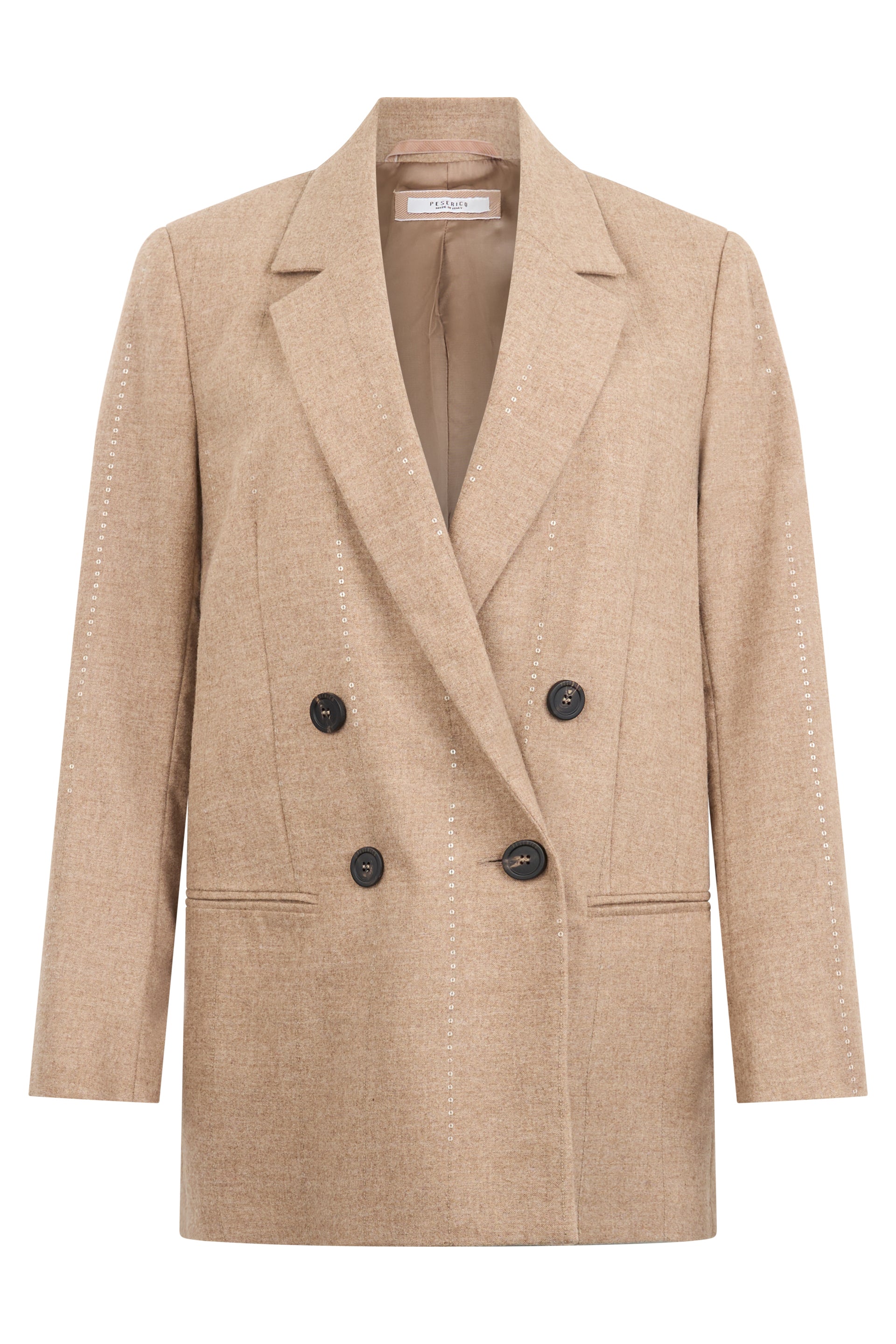 Elegant beige double-breasted jacket for any occasion.
