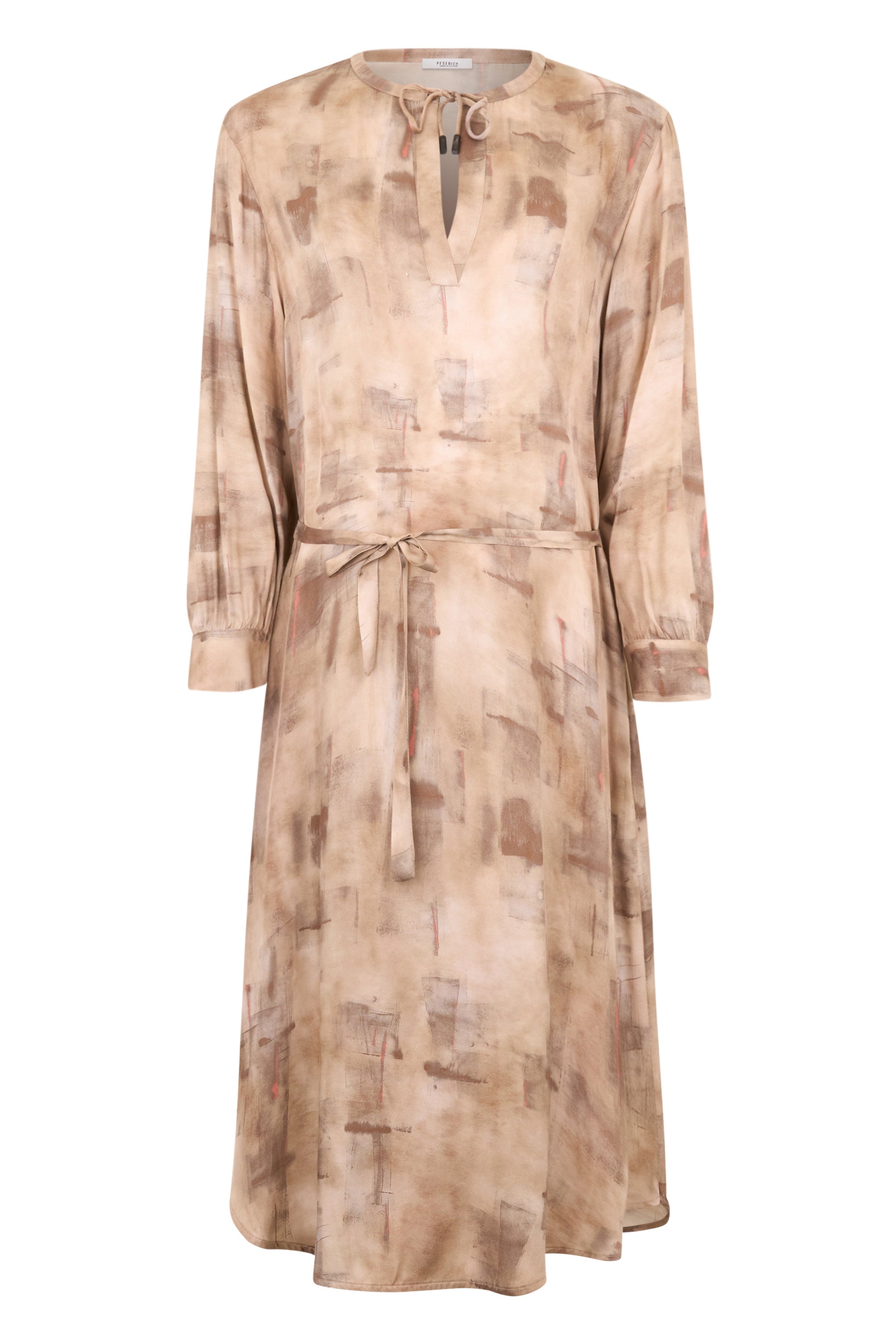Elegant dress in beige tones with geometric pattern, elegant and refined.