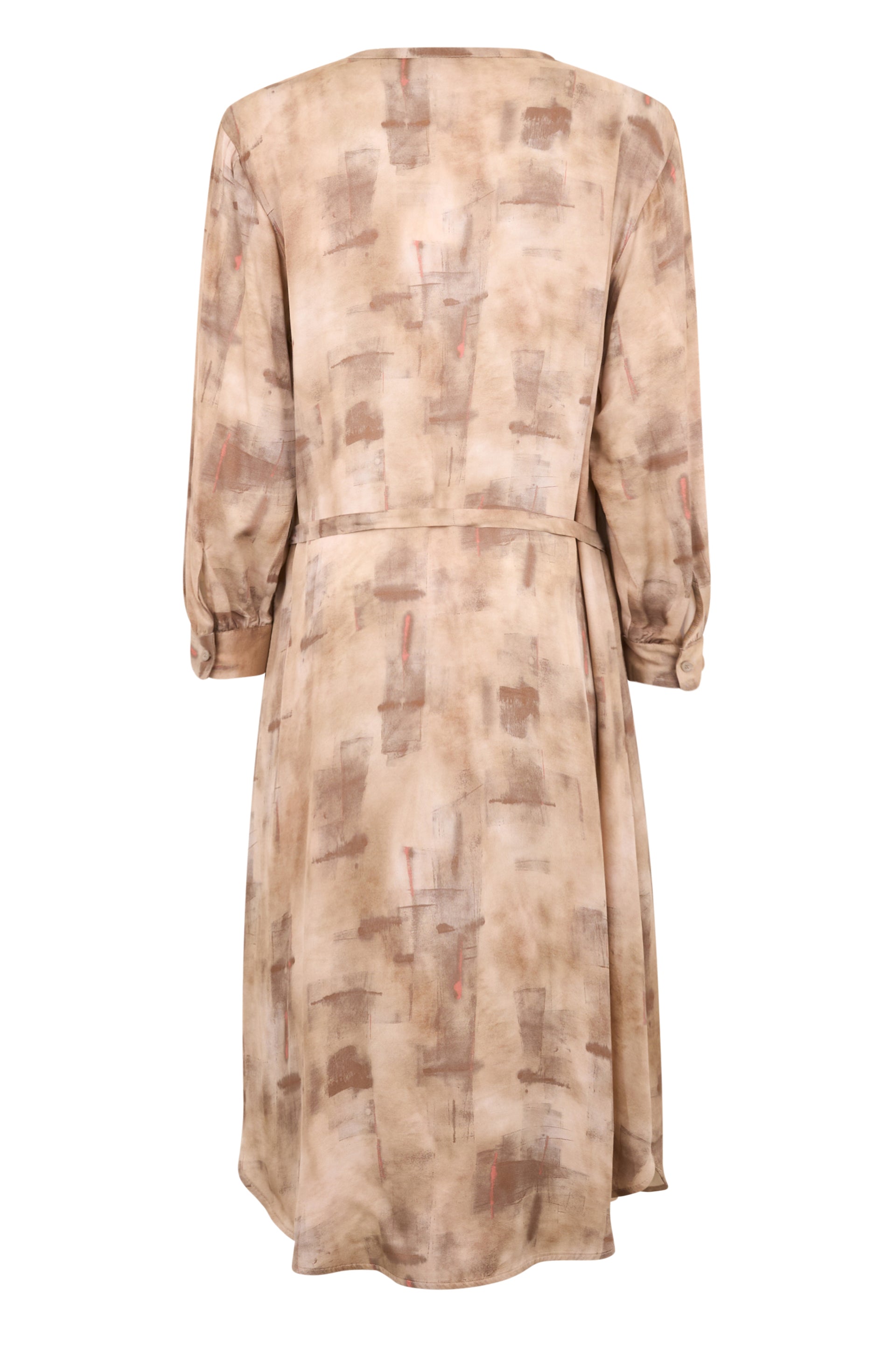 Elegant dress in beige tones with geometric pattern, elegant and refined.