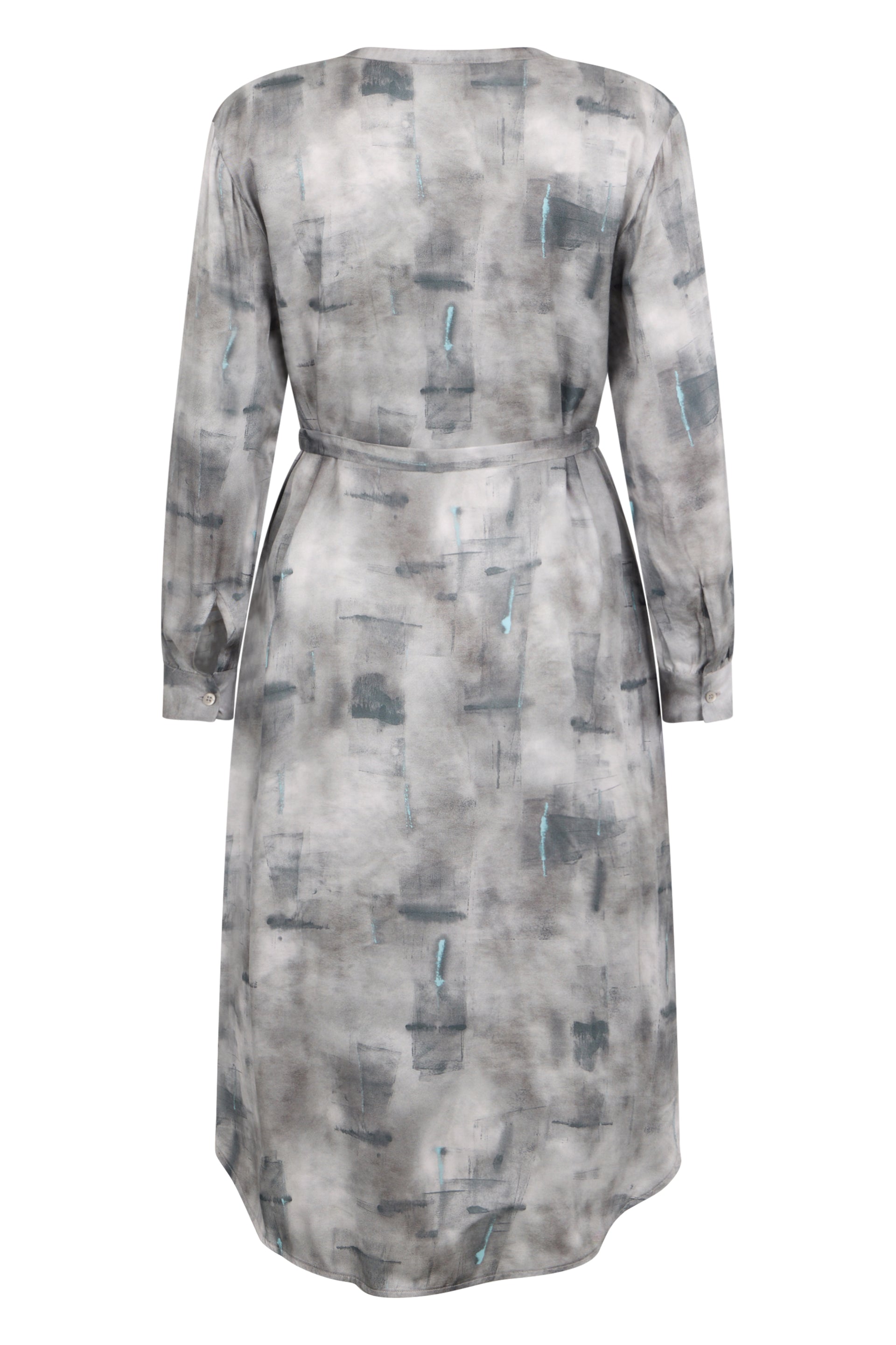 Gray fluid dress with geometric print, long sleeves and belt.