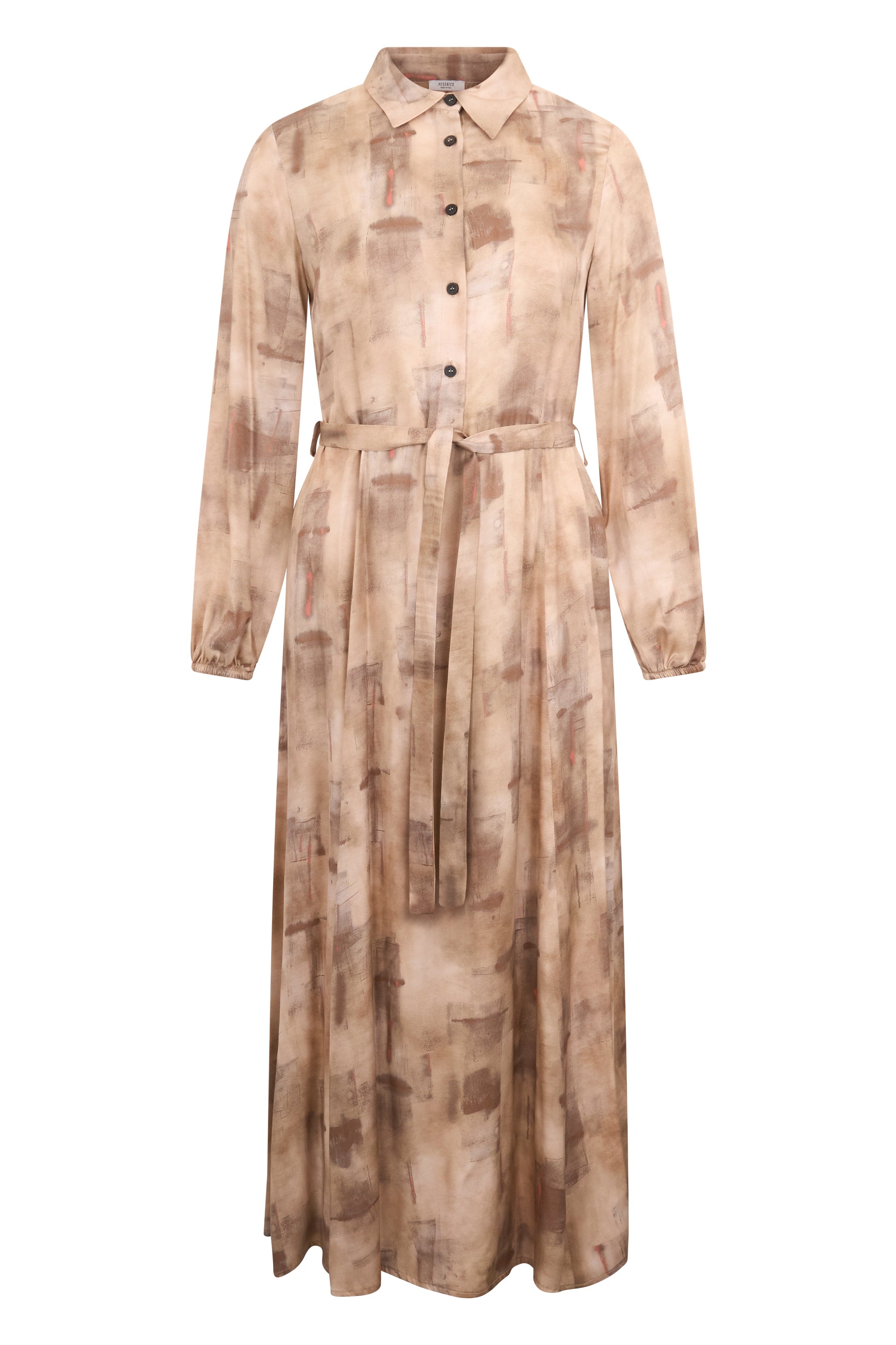 Elegant long beige dress with geometric print, elegant and refined.