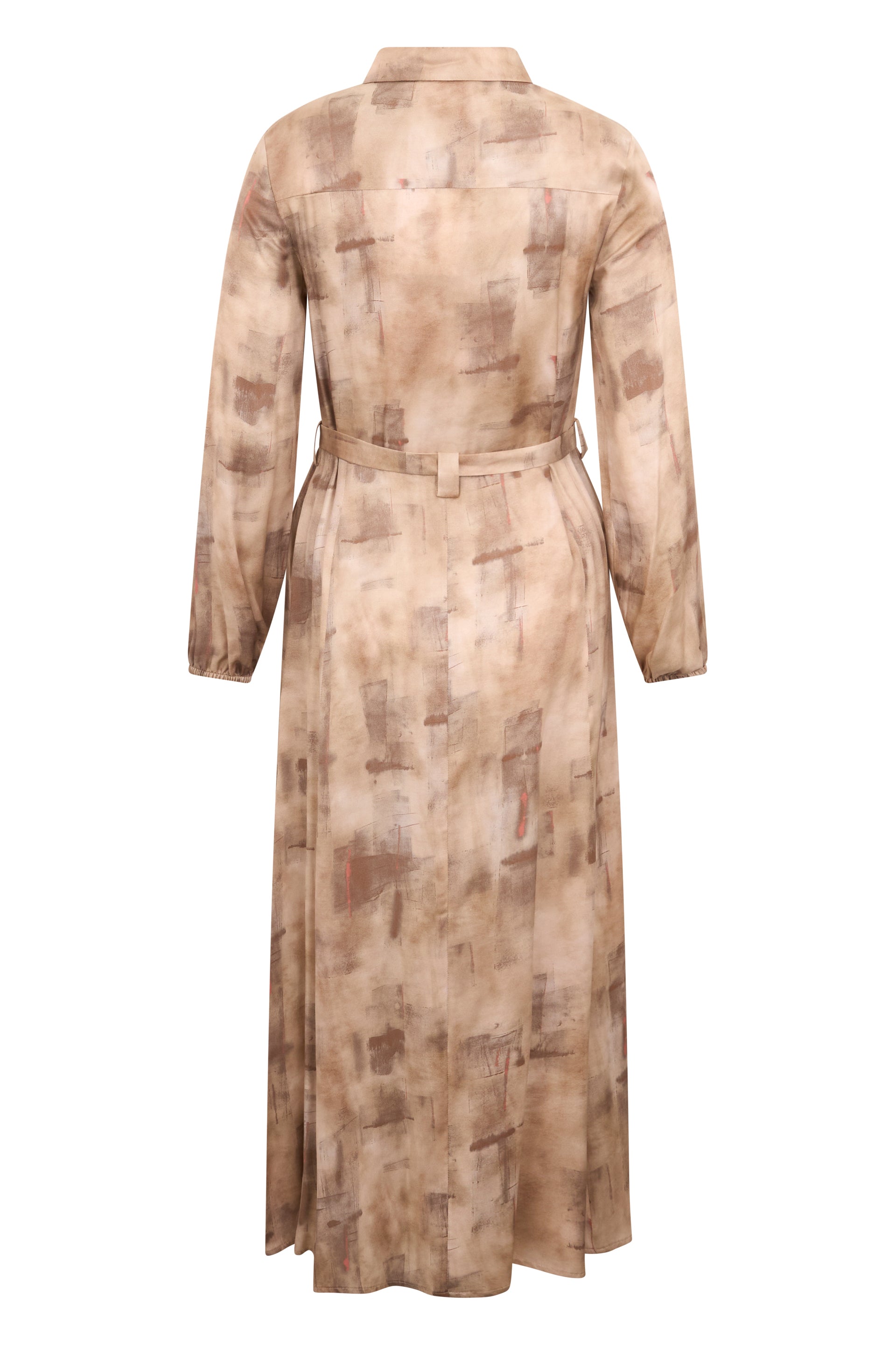 Elegant long beige dress with geometric print, elegant and refined.