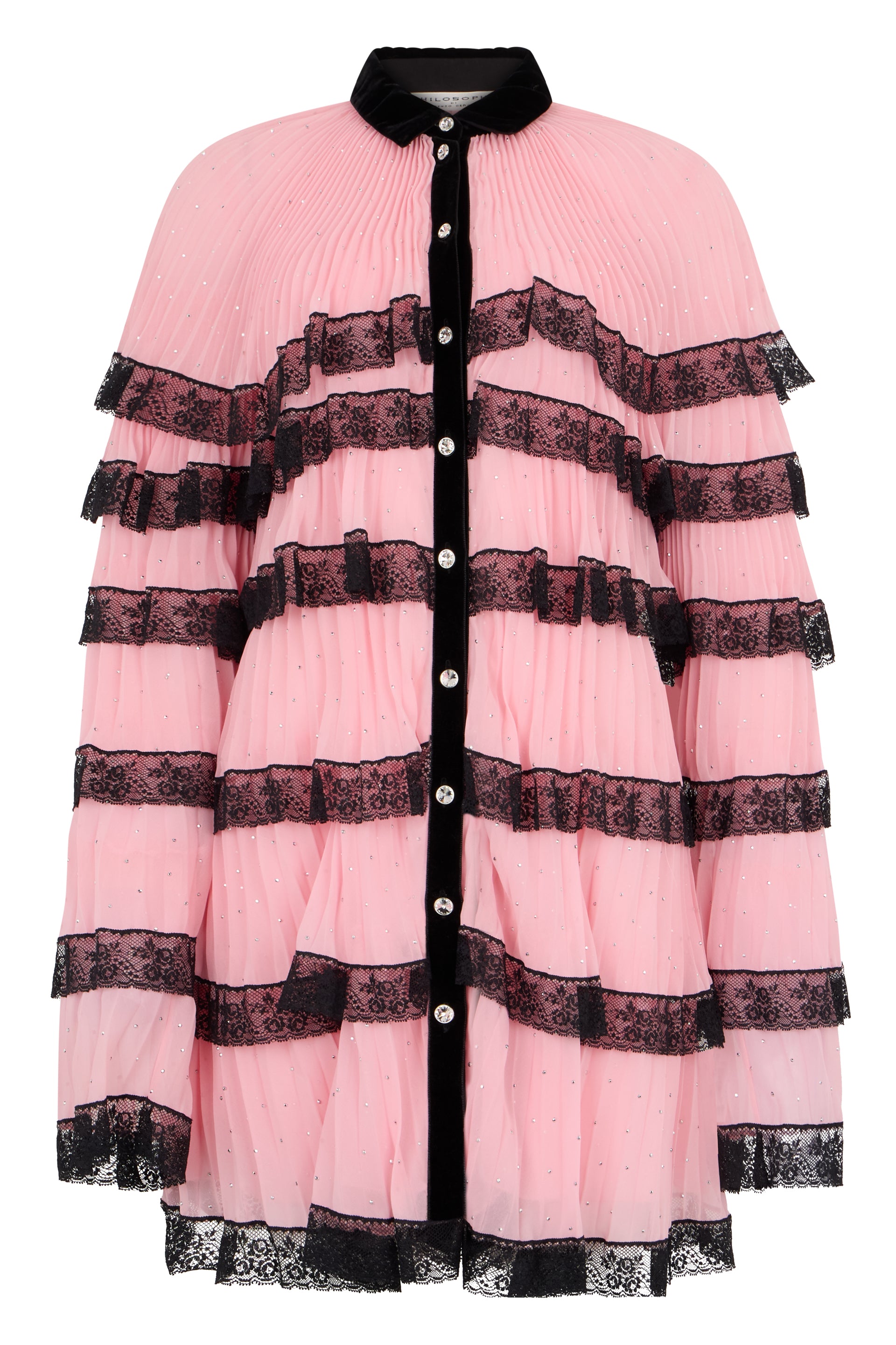 Pink shirt with black lace details, elegant and chic.