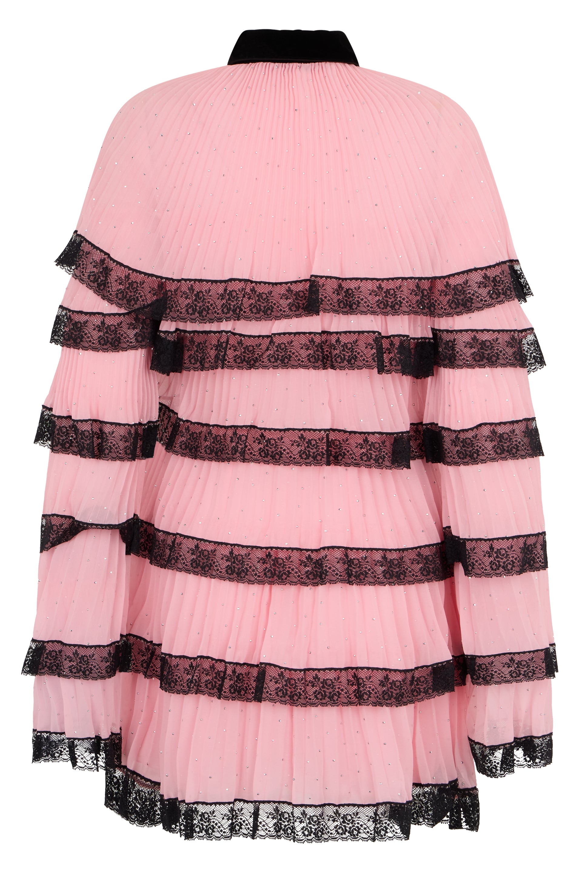 Pink shirt with black lace details, elegant and chic.