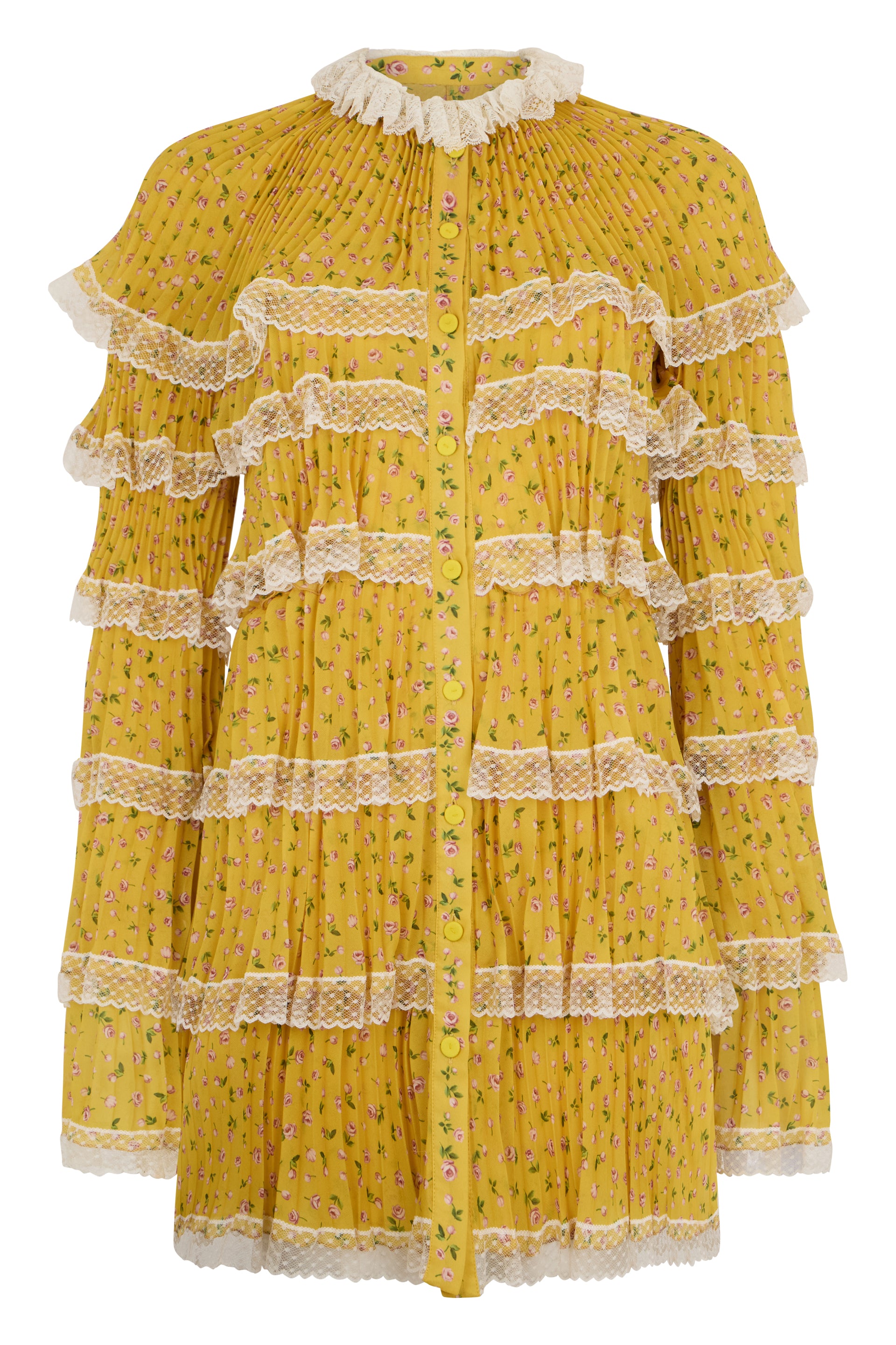 Mustard yellow shirt with floral pattern and ruffles in an elegant and refined design.