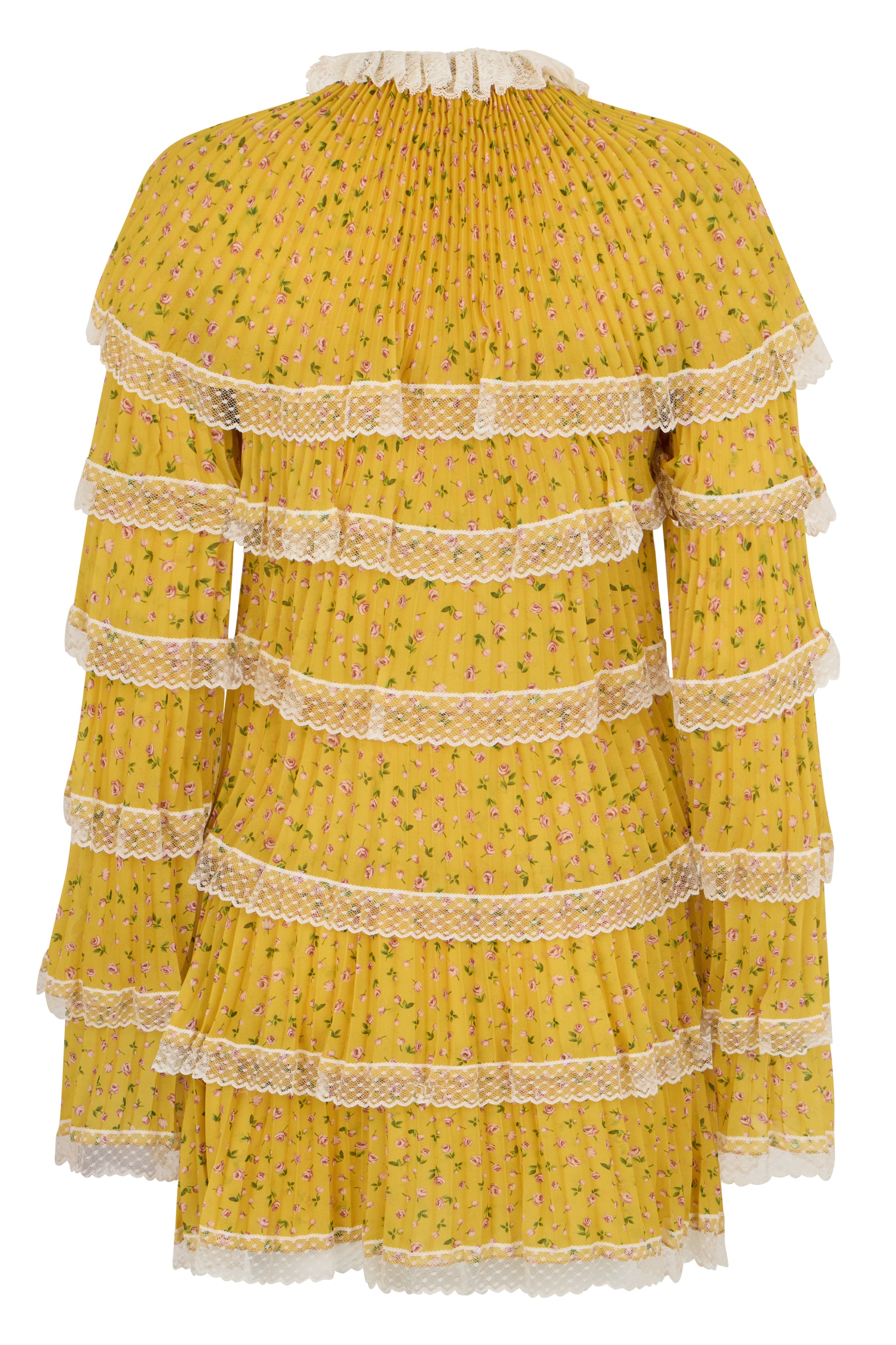 Mustard yellow shirt with floral pattern and ruffles in an elegant and refined design.