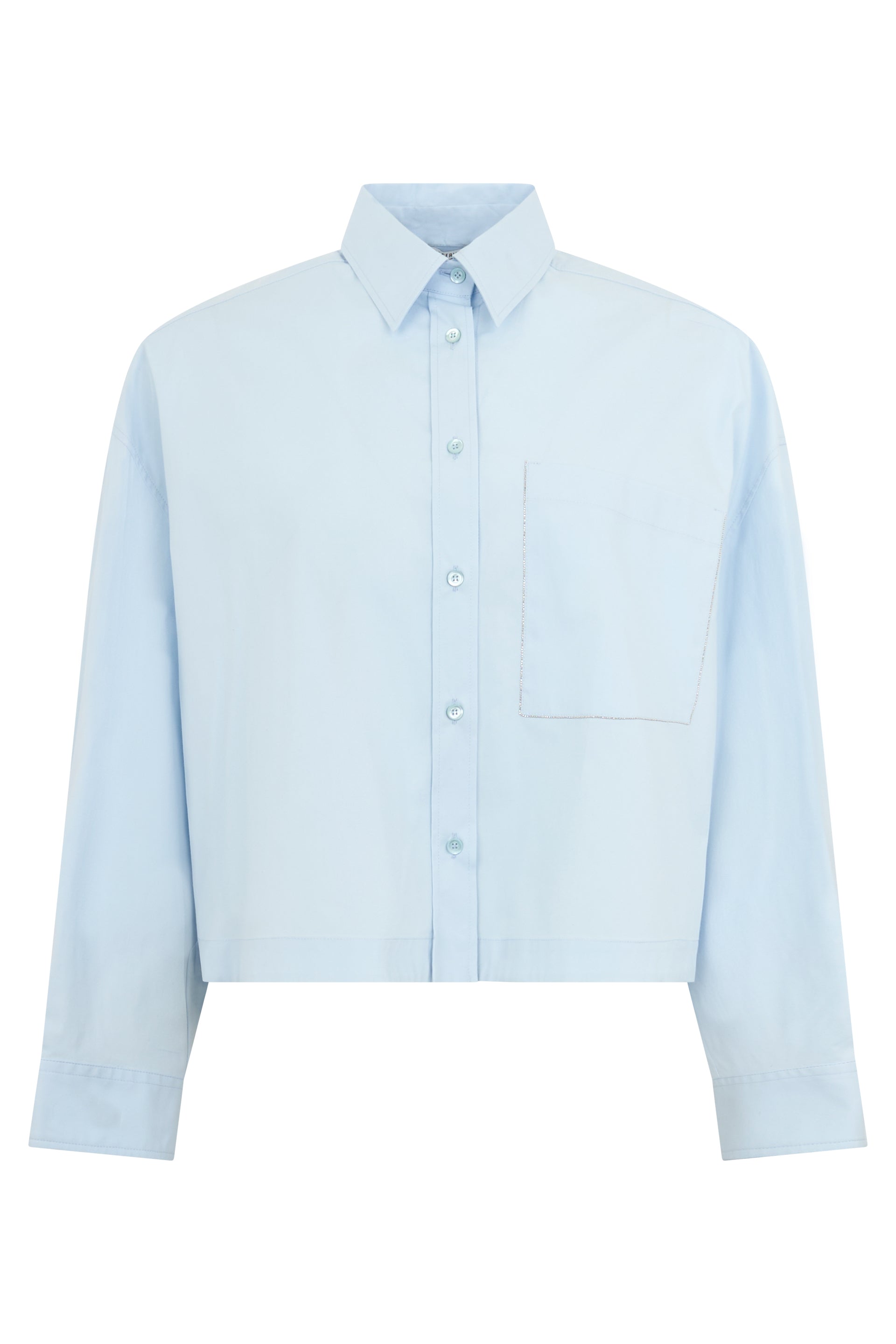 Elegant blue cropped shirt with long sleeves.