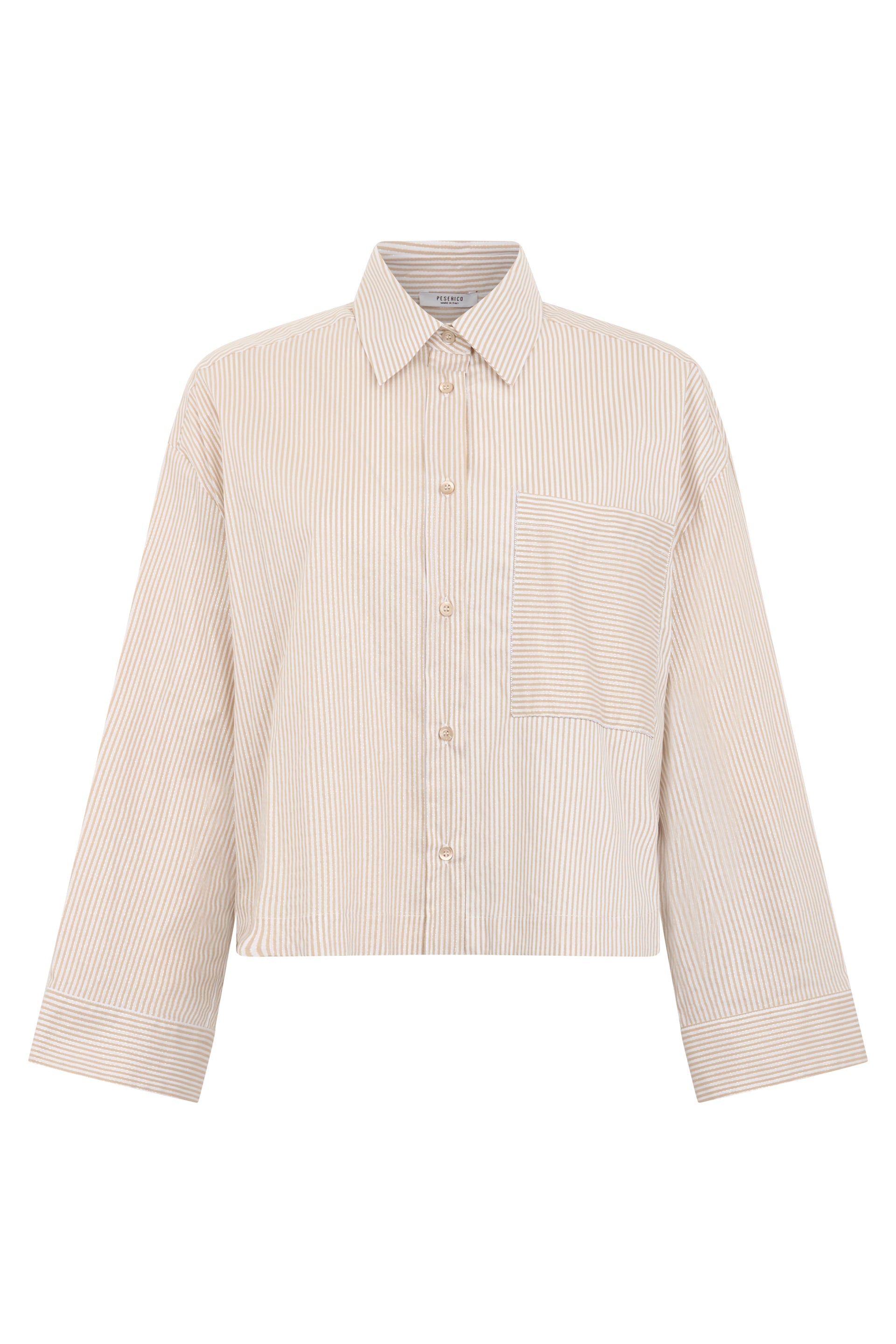 White crop top with beige stripes and minimal design.