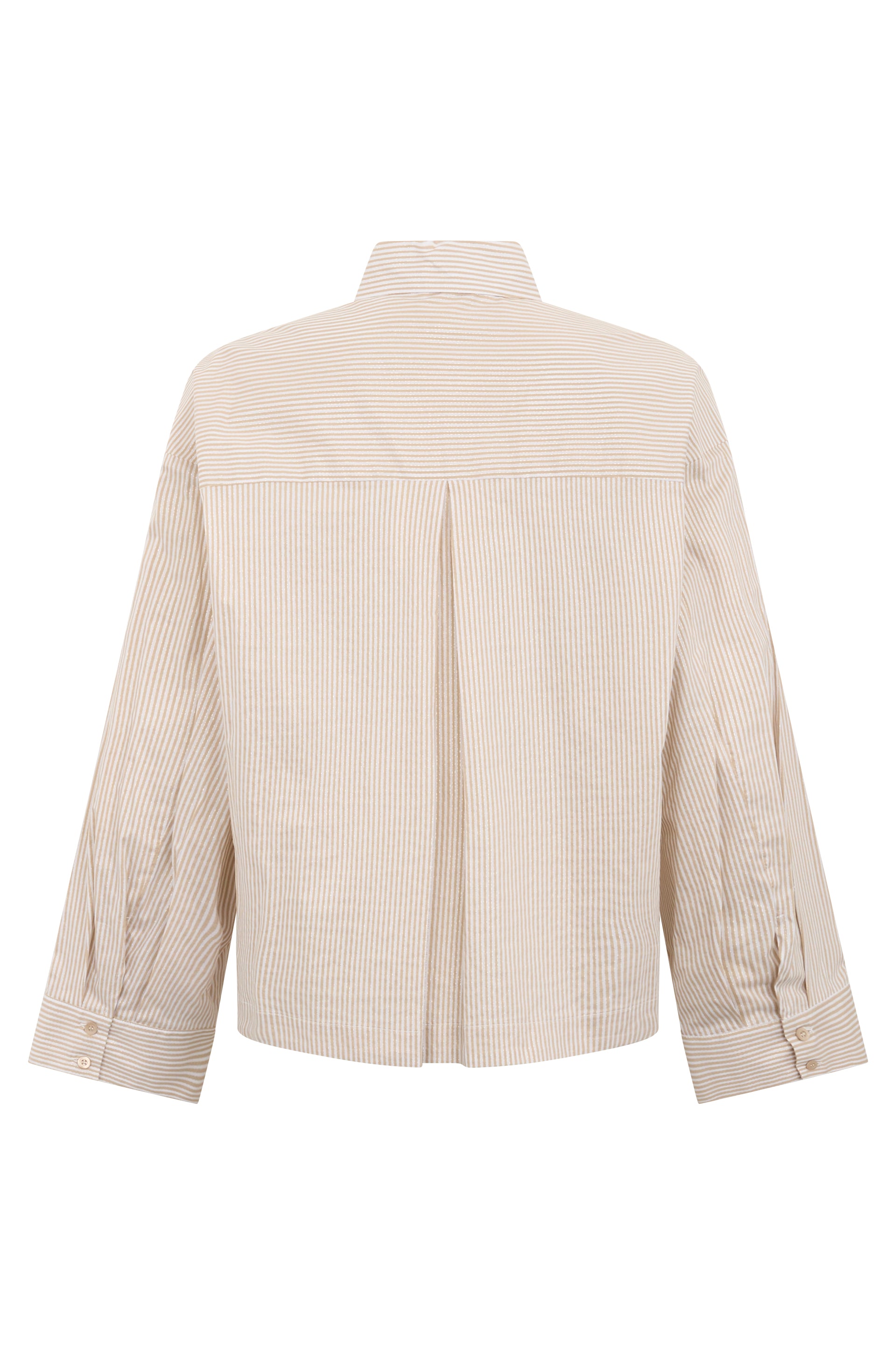 White crop top with beige stripes and minimal design.