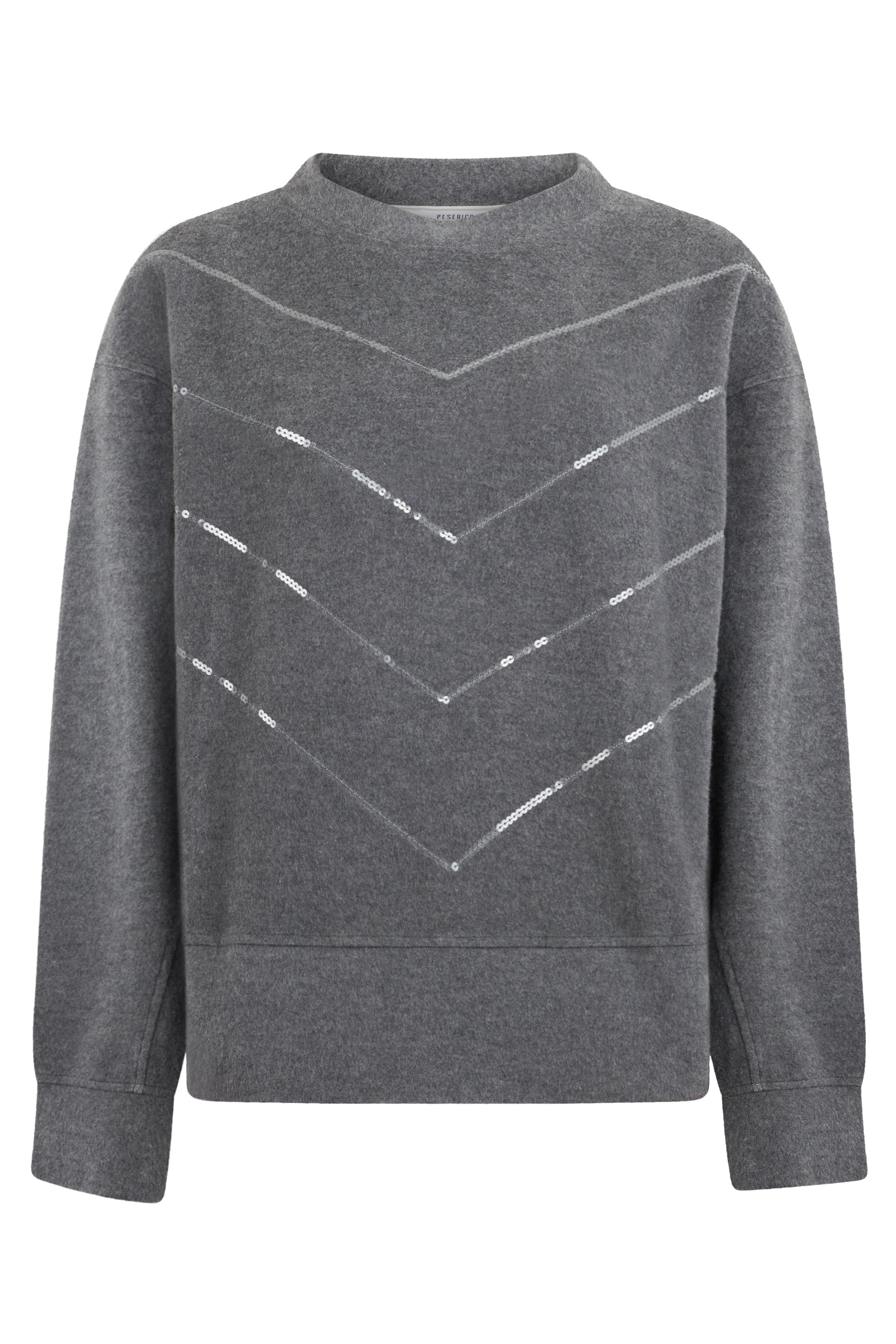Dark gray melange sweater with round neck and long sleeves.