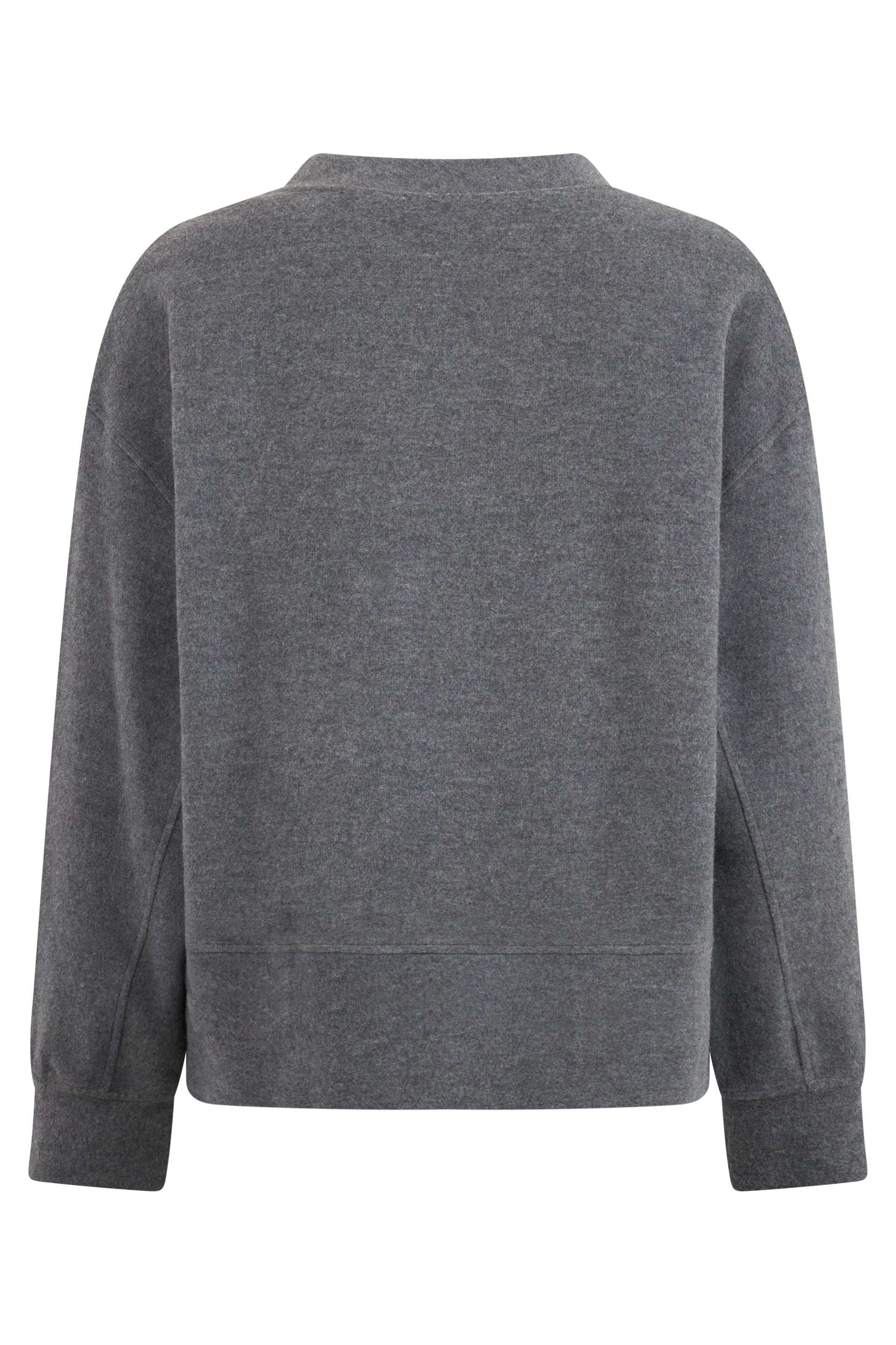 Dark gray melange sweater with round neck and long sleeves.