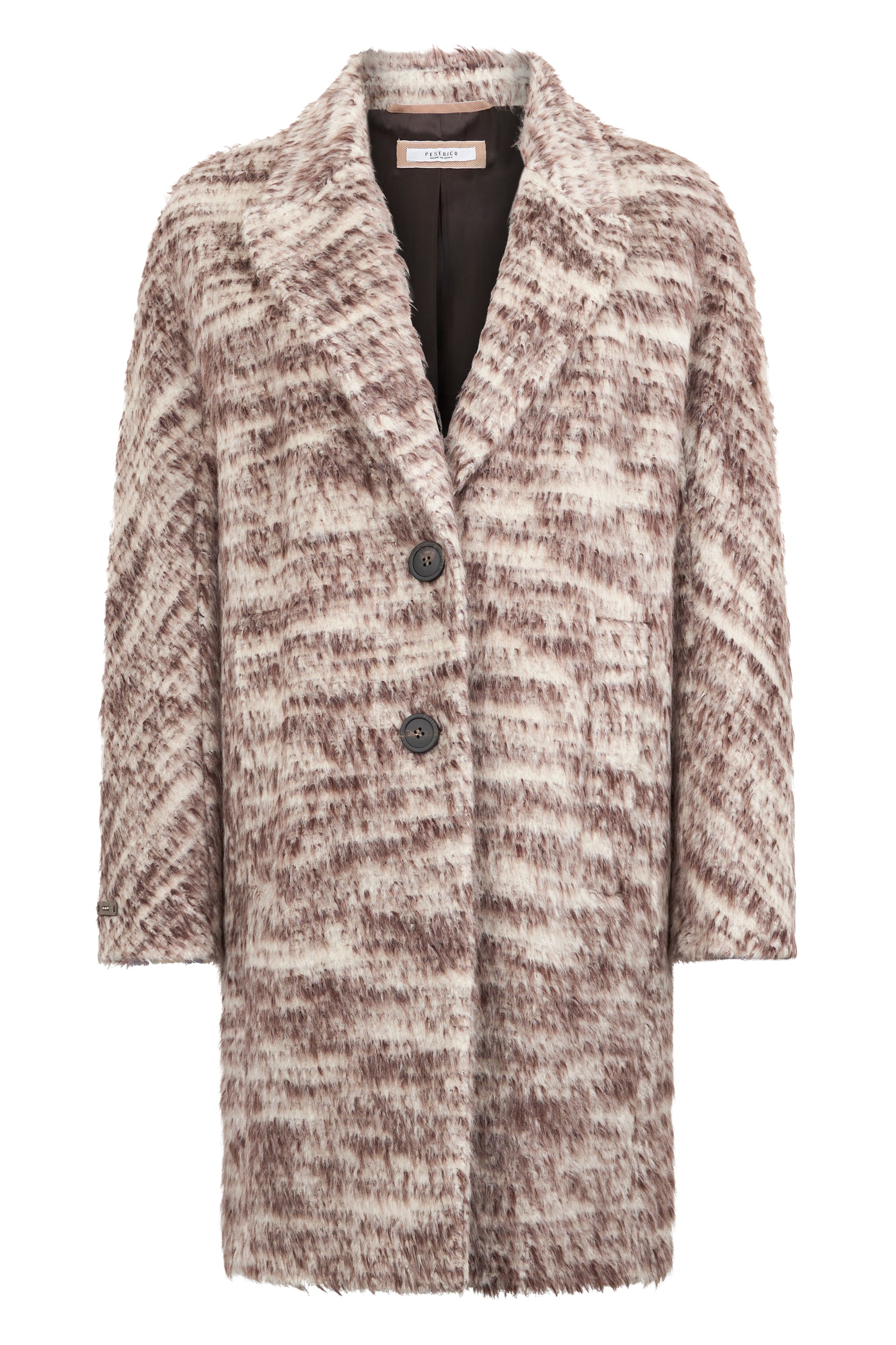 Elegant coat in shades of cream white with a brown pattern.
