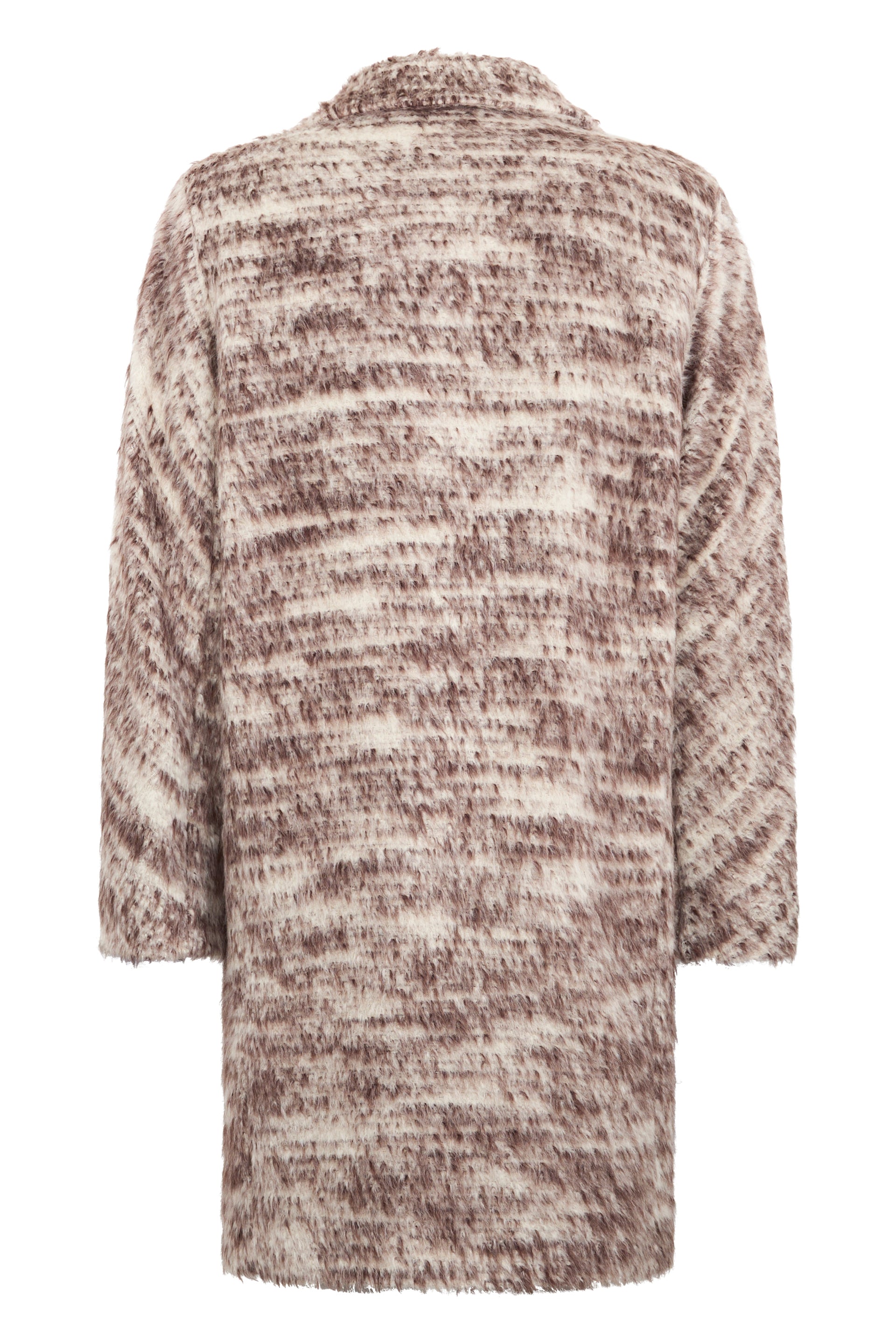 Elegant coat in shades of cream white with a brown pattern.