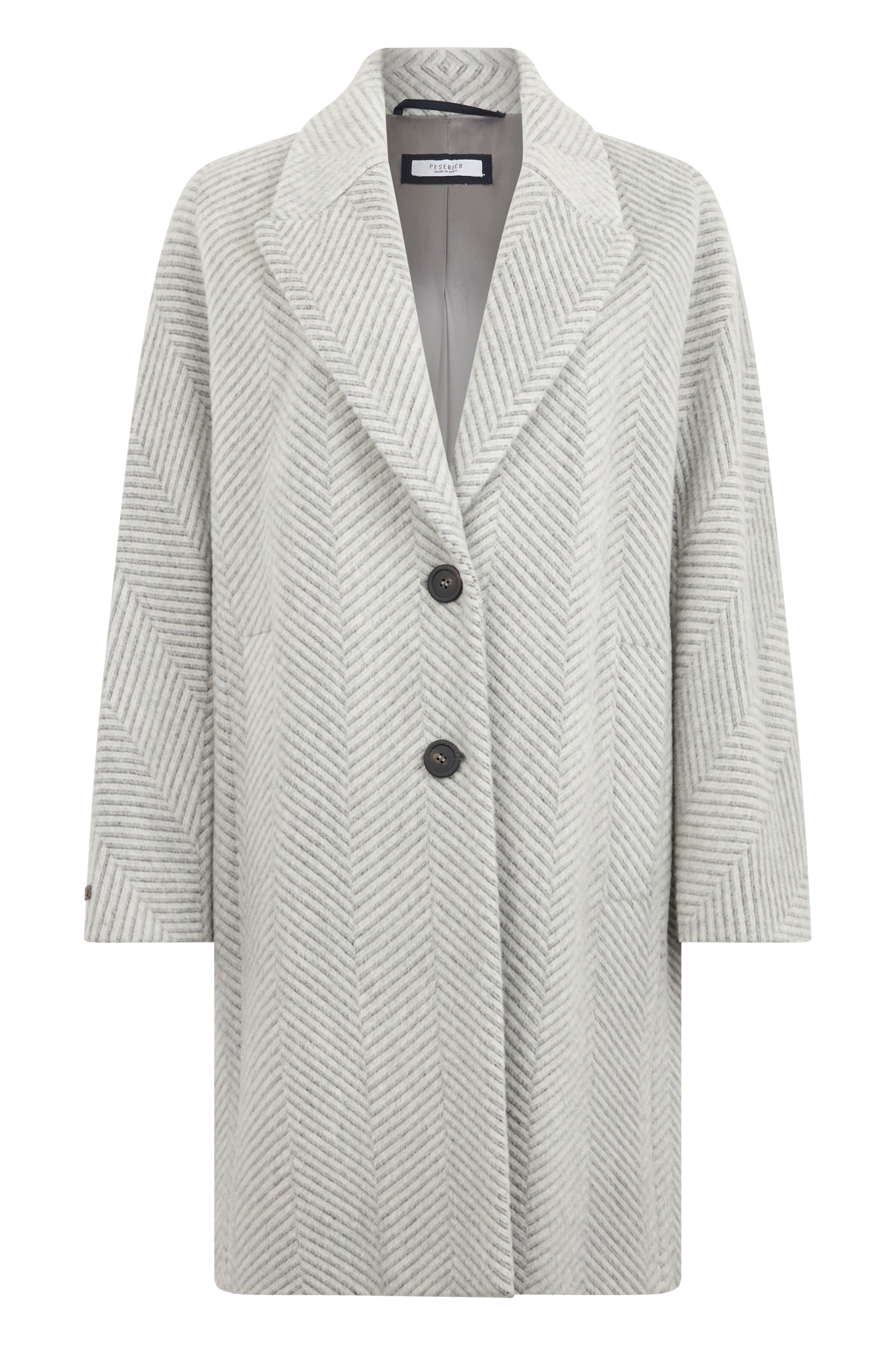 Elegant light gray coat with long sleeves.
