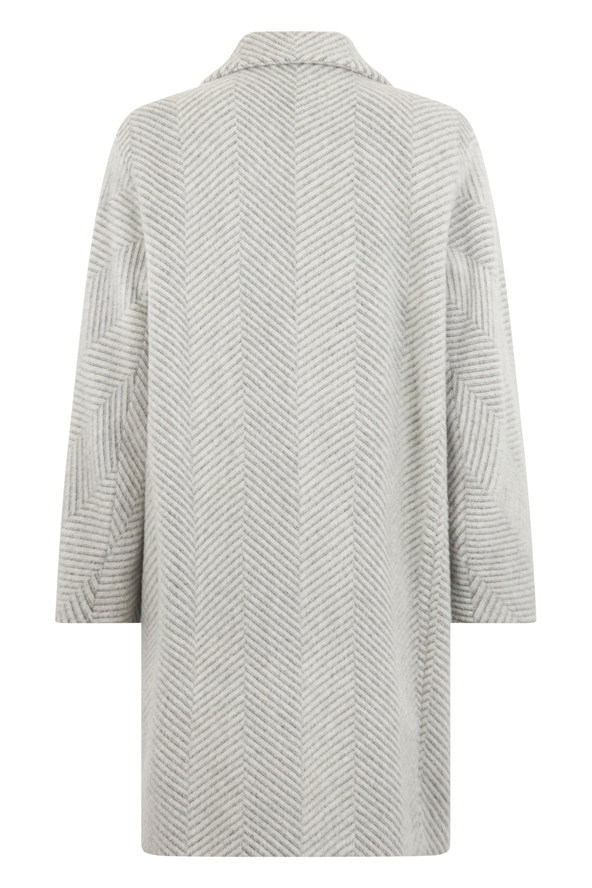 Elegant light gray coat with long sleeves.