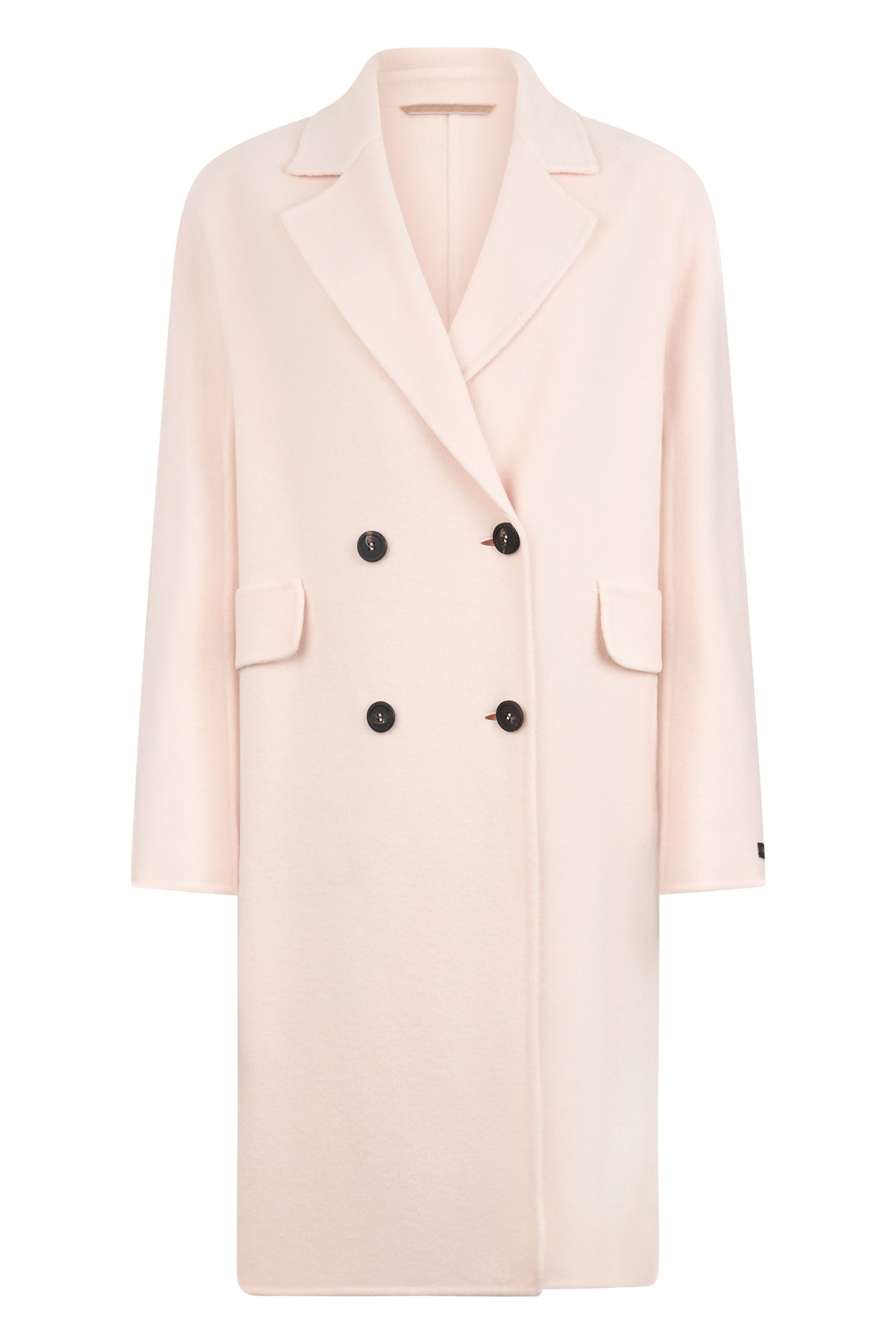 Long beige coat with elegant design.