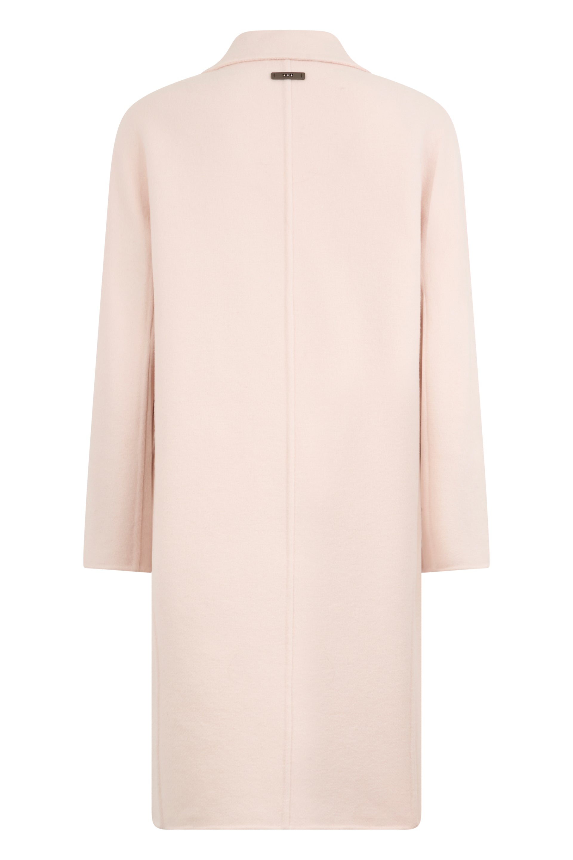 Long beige coat with elegant design.