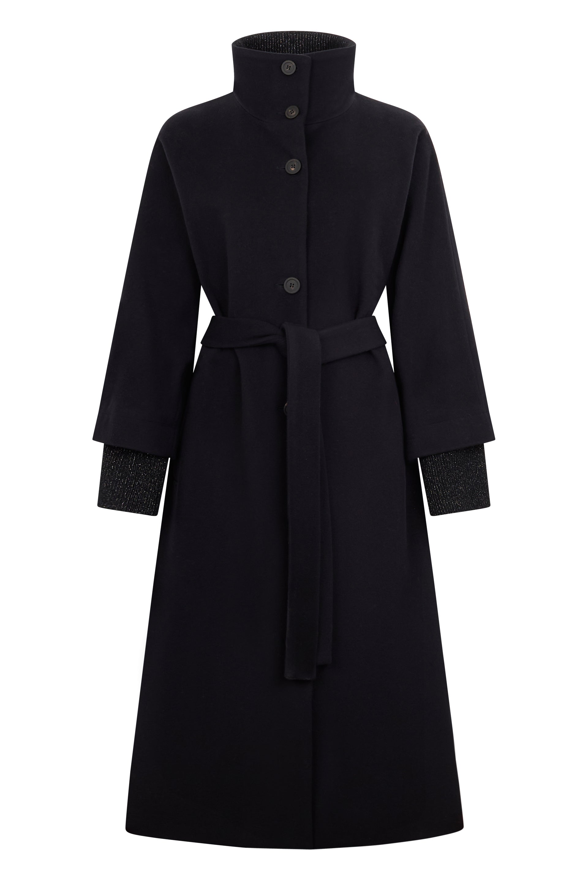 Elegant long black coat with a belt that cinches the waist, minimal and chic.