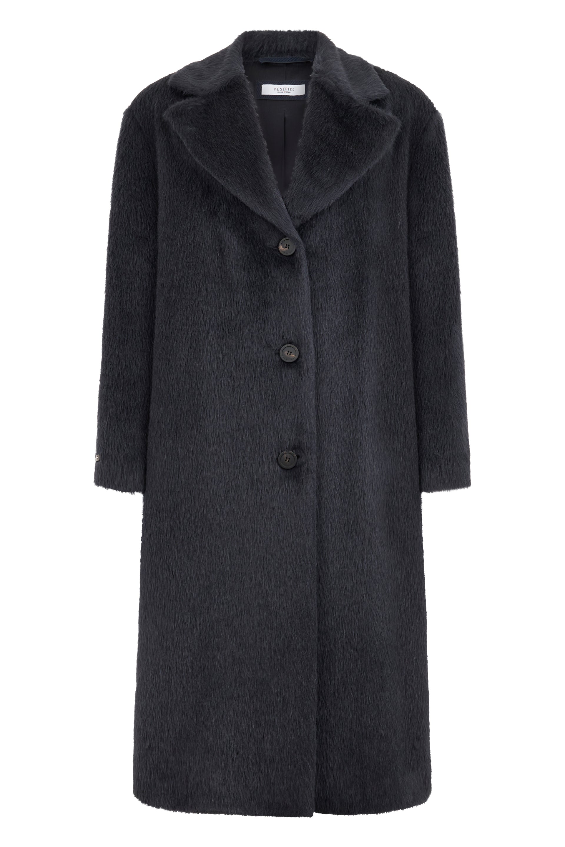 Elegant black coat with button closure.