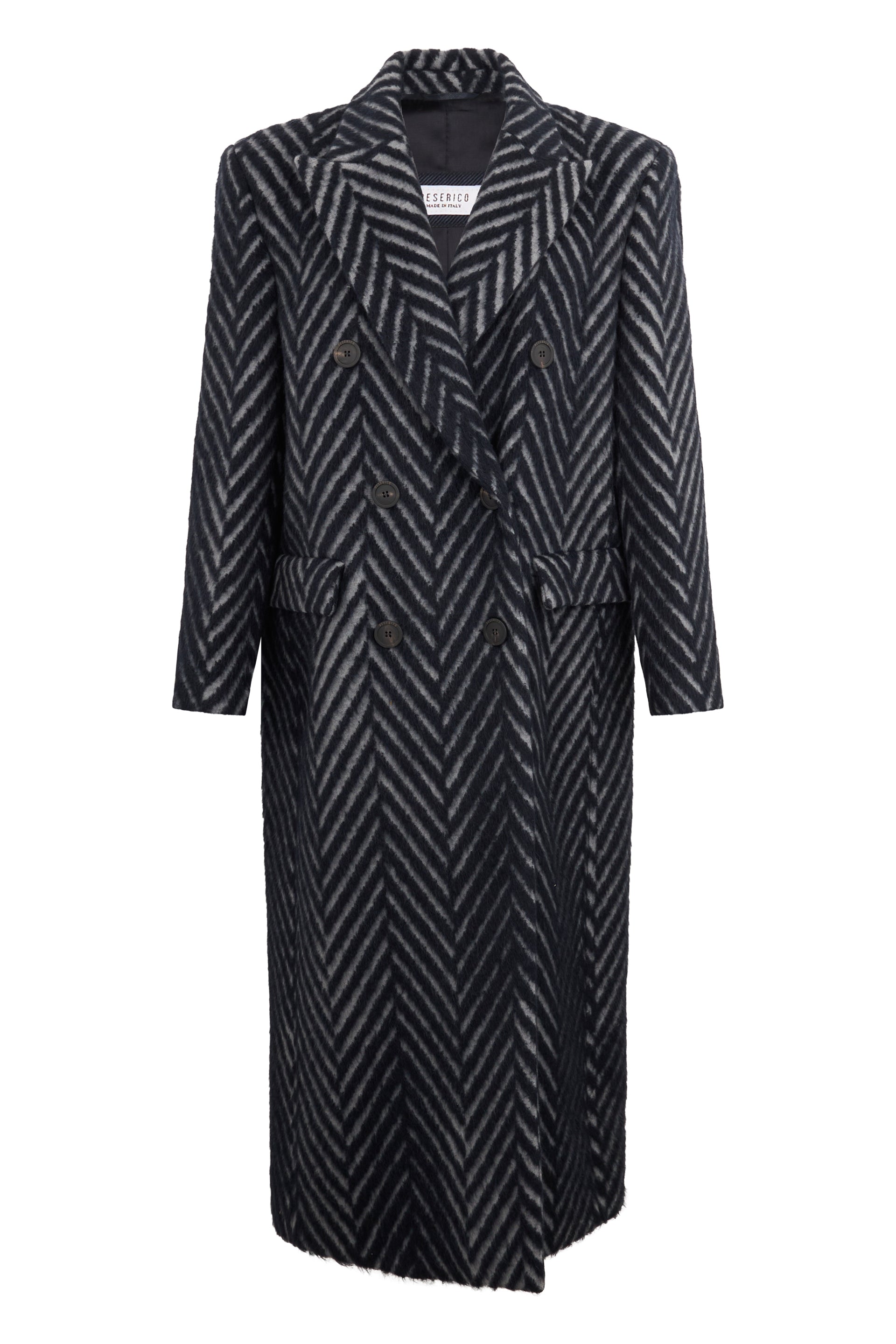 Long black coat with zigzag pattern.