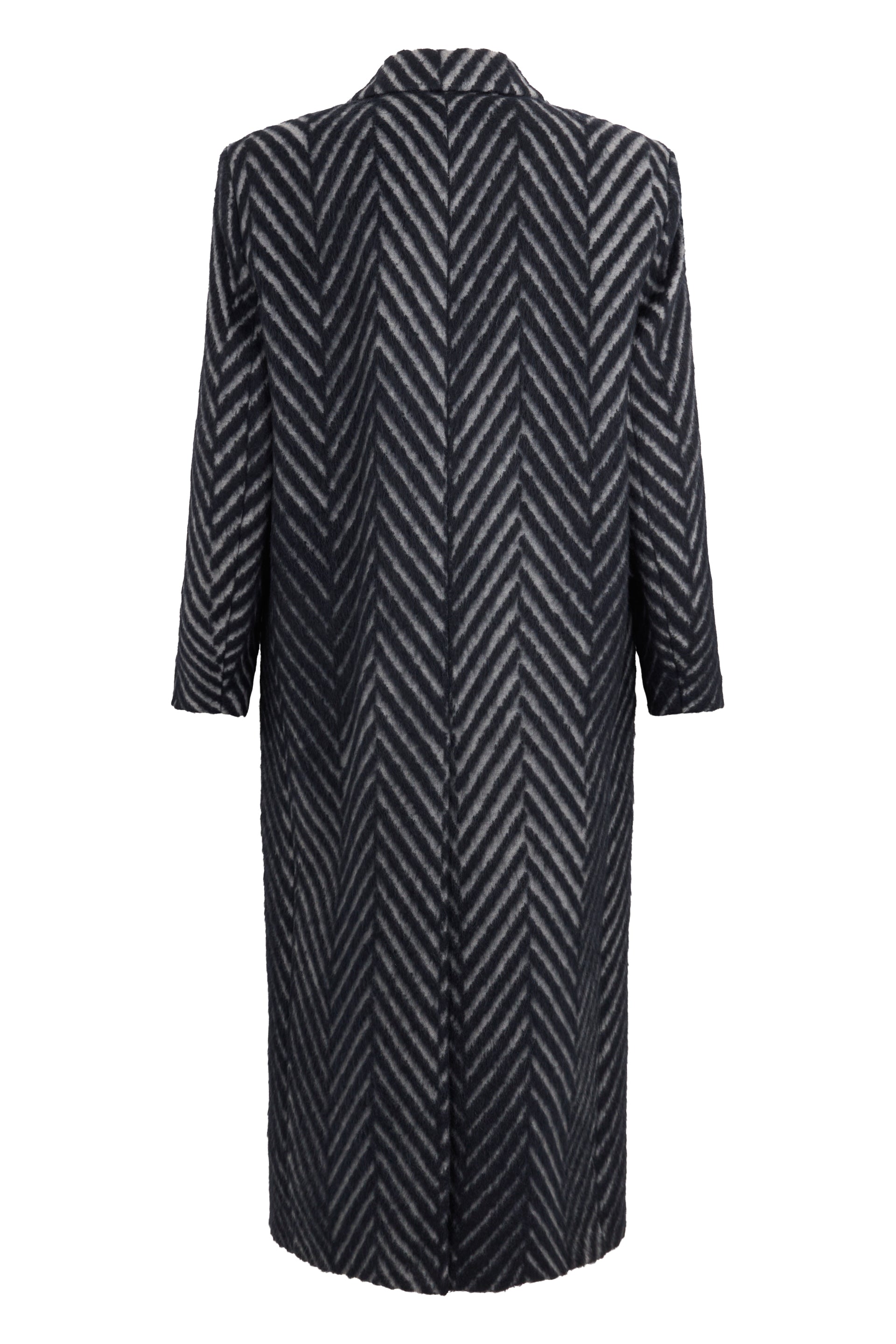 Long black coat with zigzag pattern.
