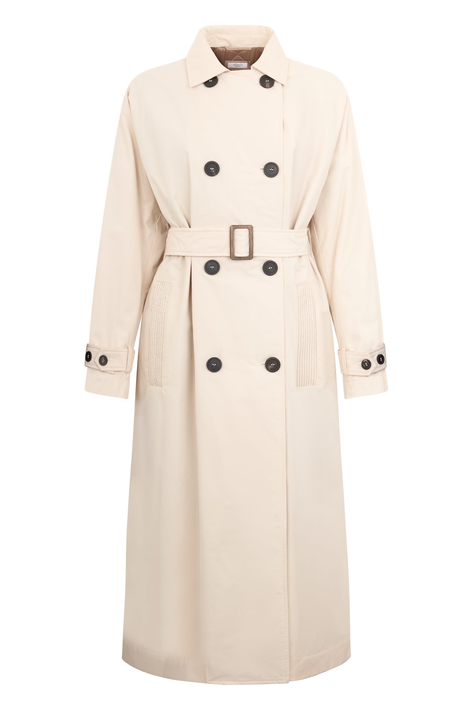 Long beige trench coat with elegant and minimal cut.
