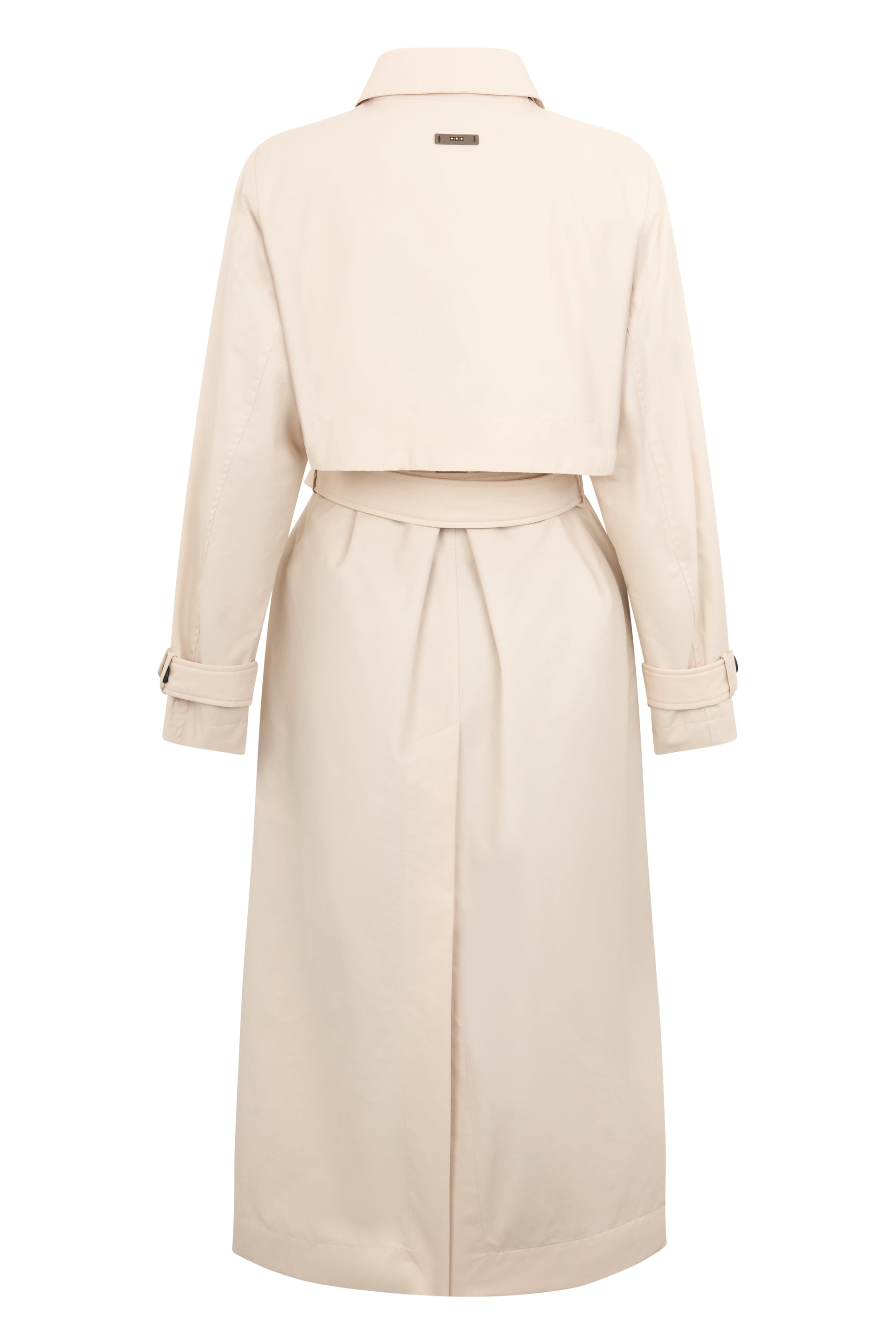 Long beige trench coat with elegant and minimal cut.