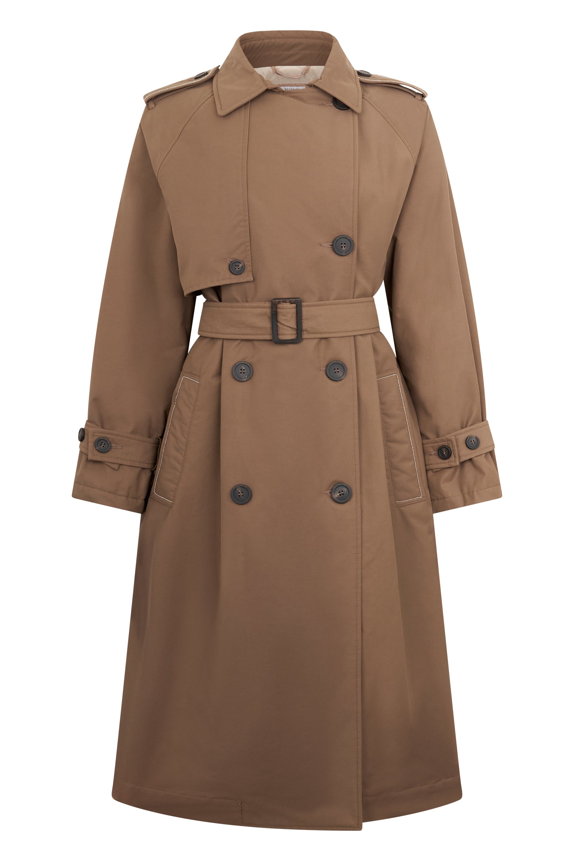 Long trench in elegant leather color for a timeless style.