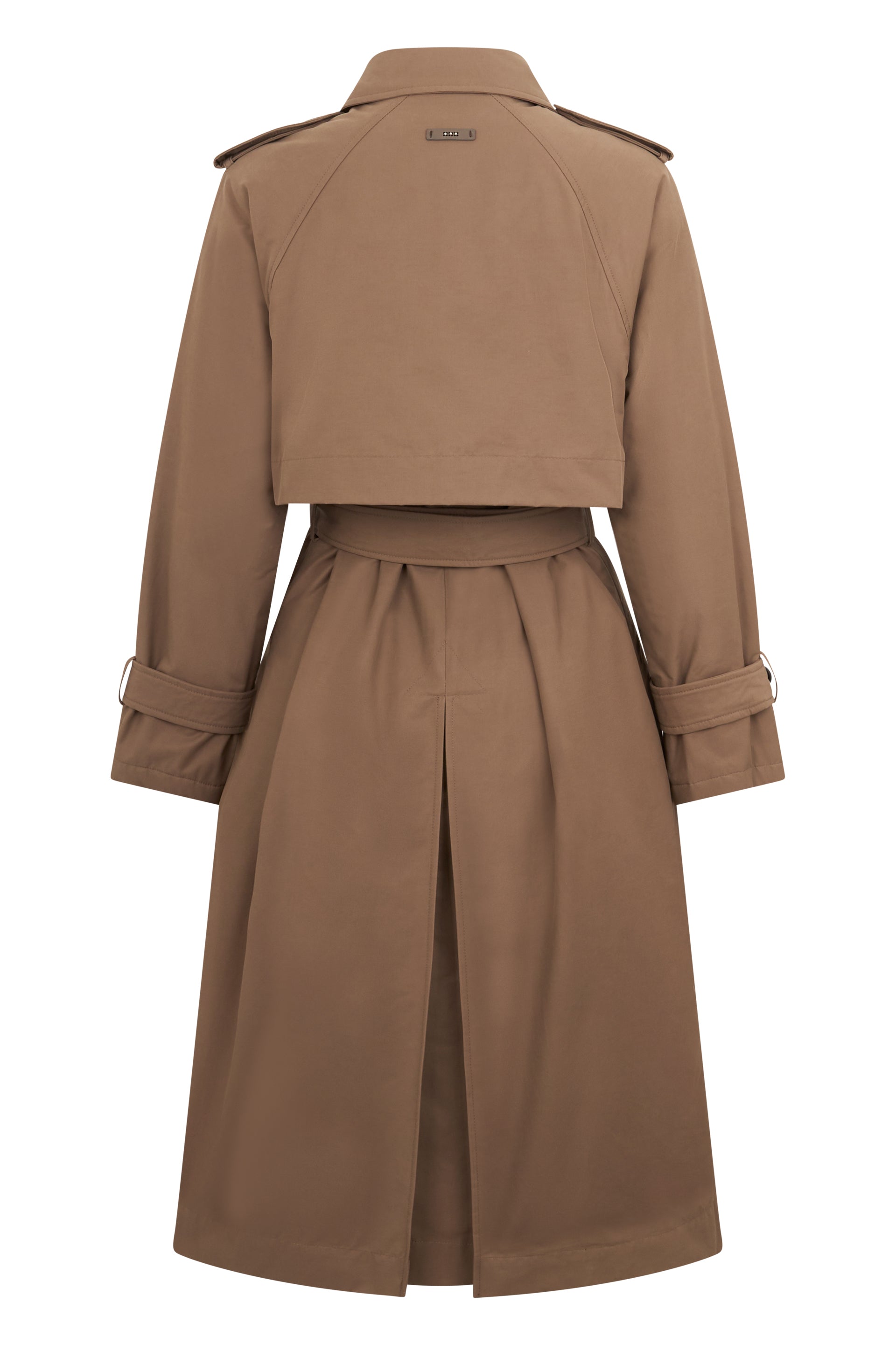 Long trench in elegant leather color for a timeless style.