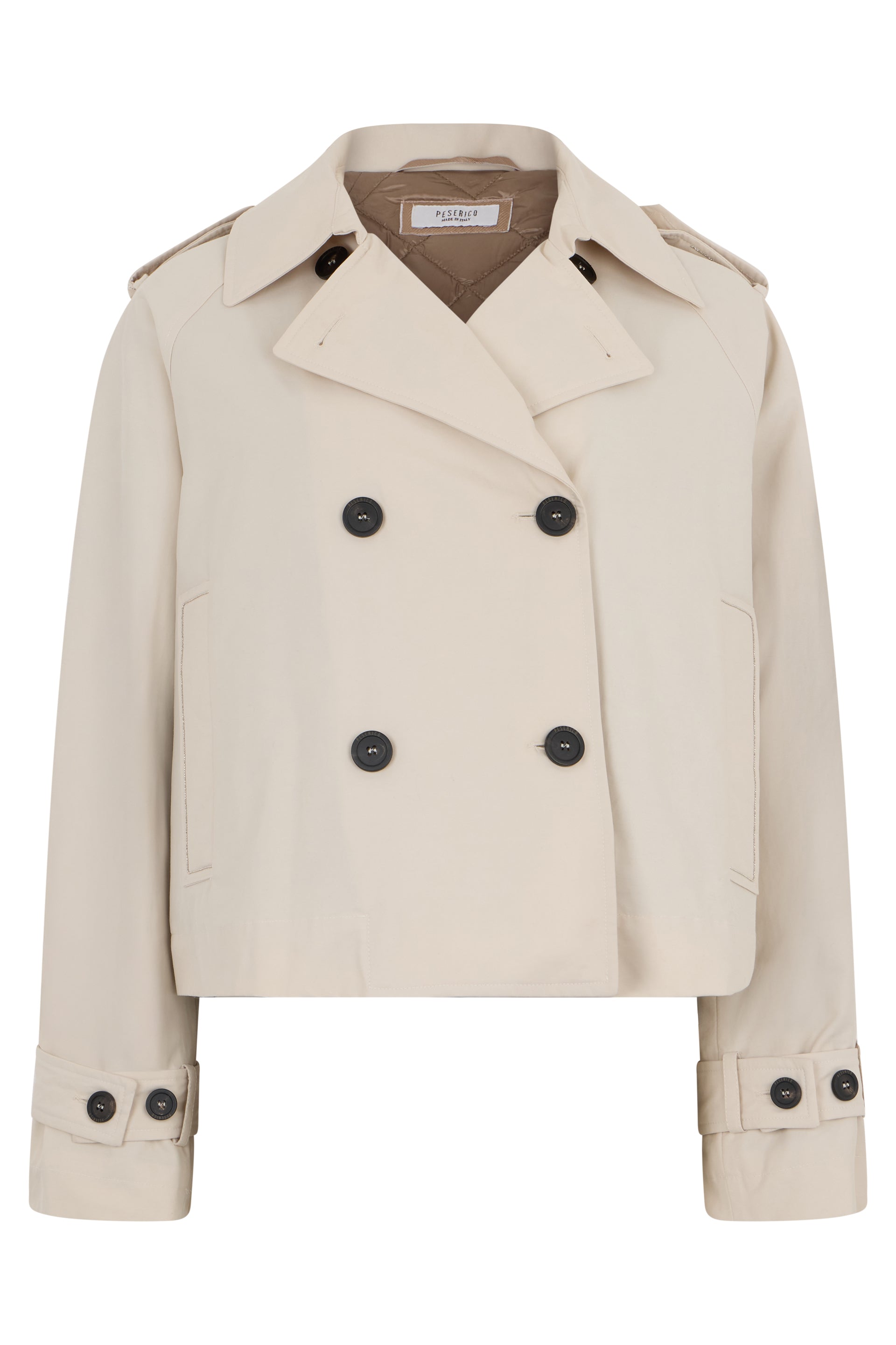 Beige double-breasted jacket in trench style with minimal and elegant design.