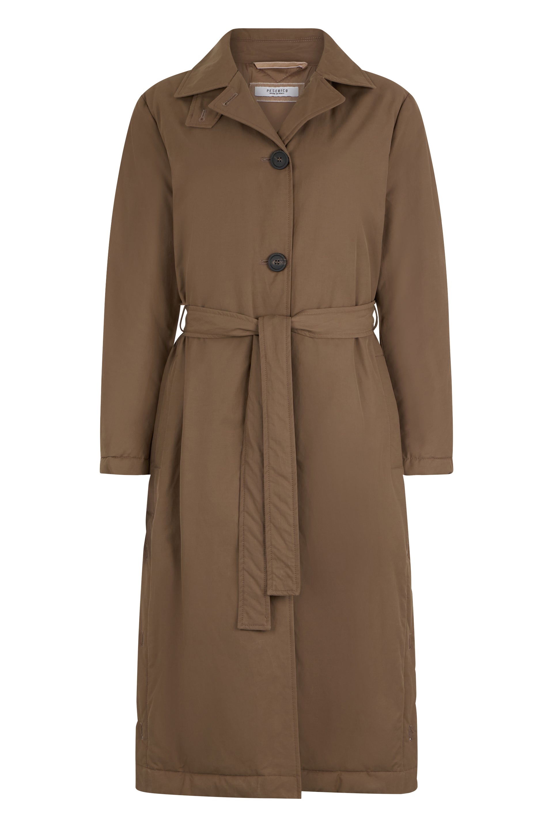 Long brown trench, minimal and elegant.