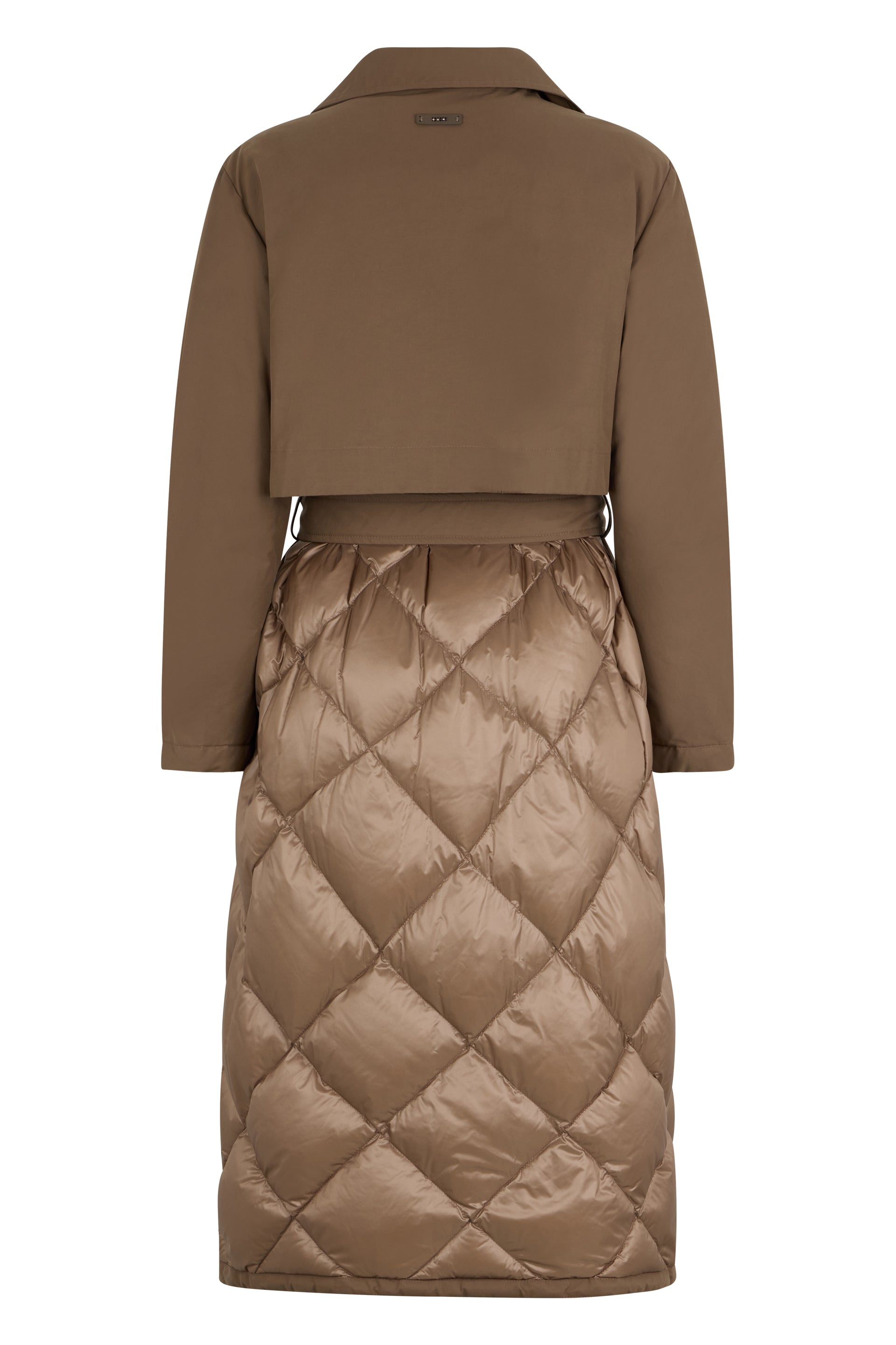 Long brown trench, minimal and elegant.