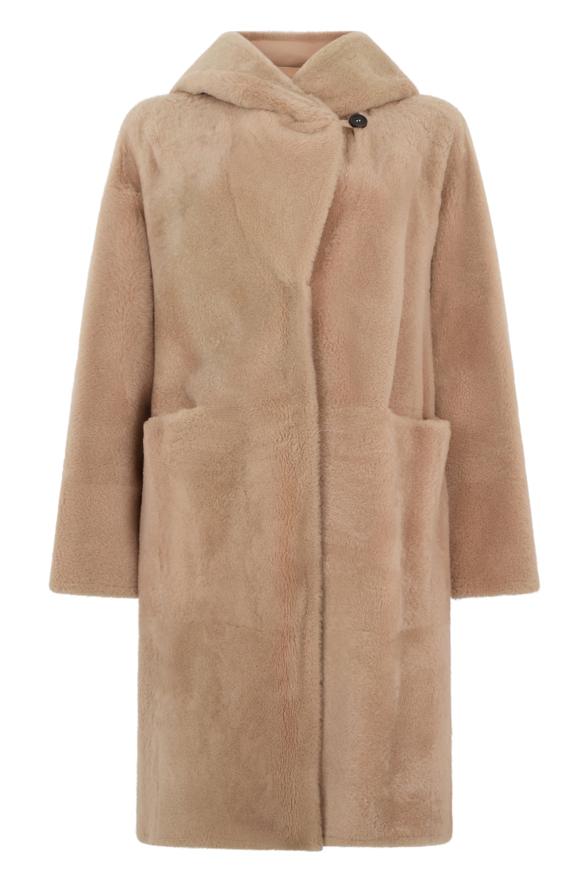 Beige soft fur coat, cozy and ideal for winter.