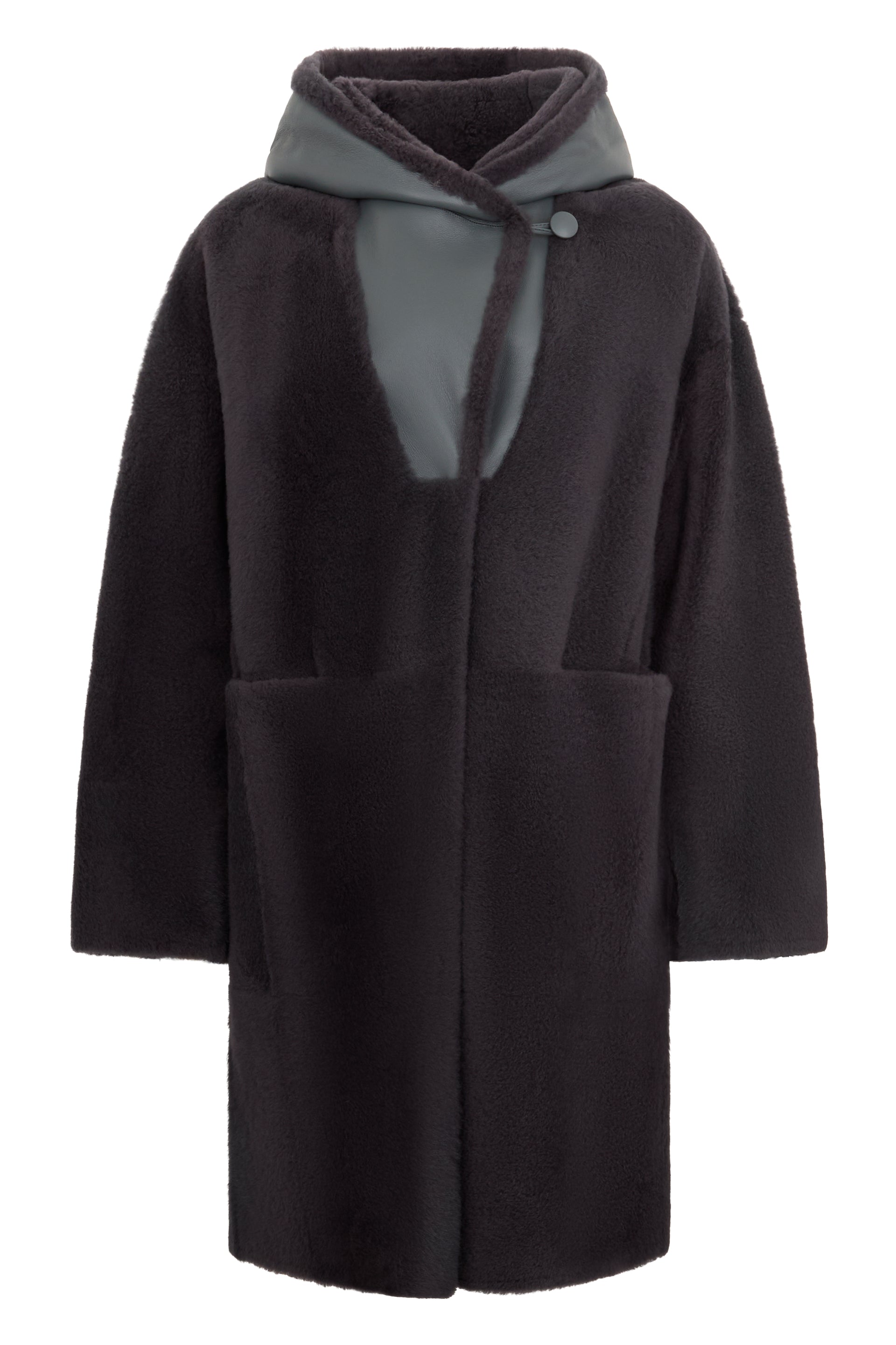 Black fur jacket with hood and pockets from refined and versatile design.
