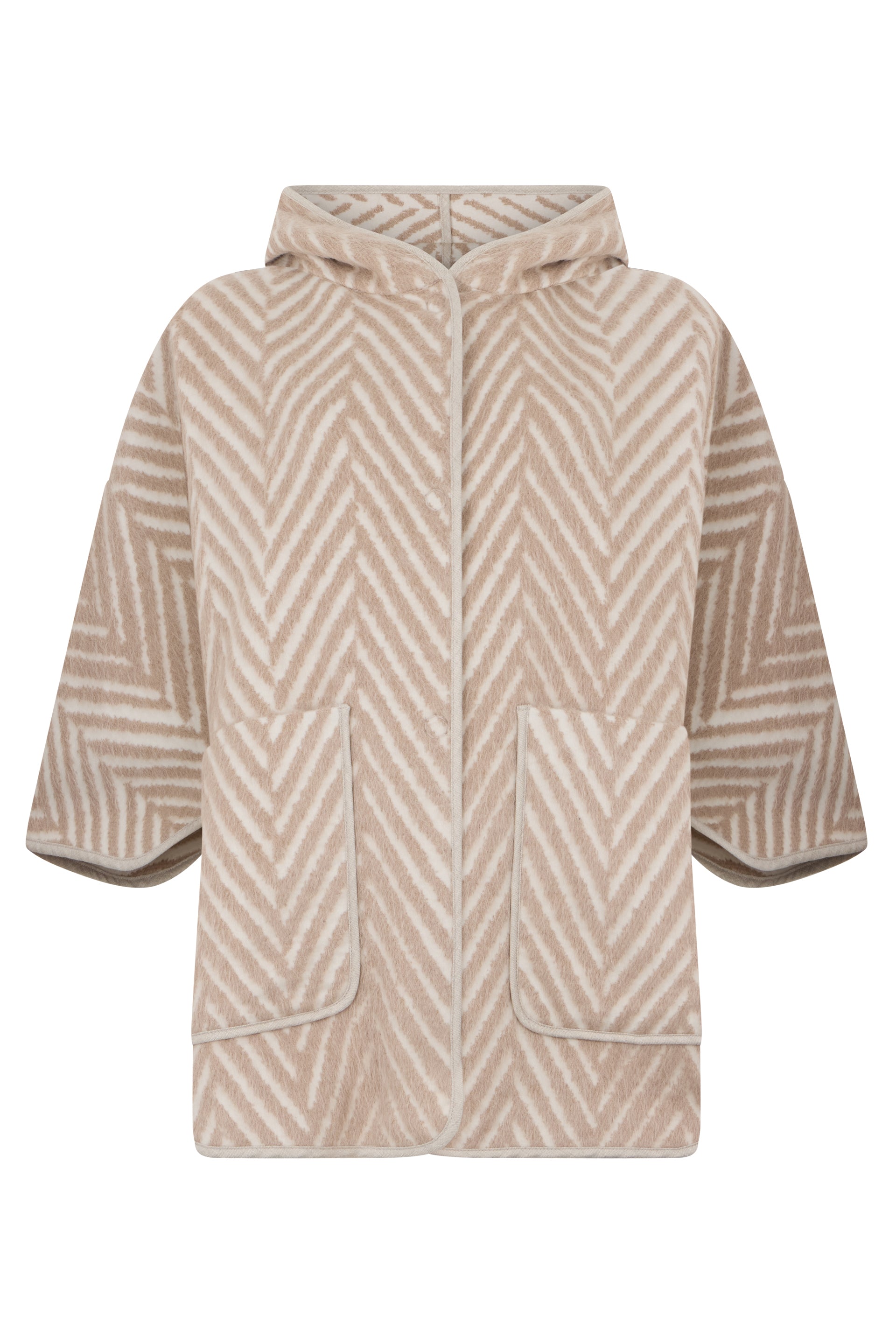 Beige coat with a wide cut, hood, and pockets.