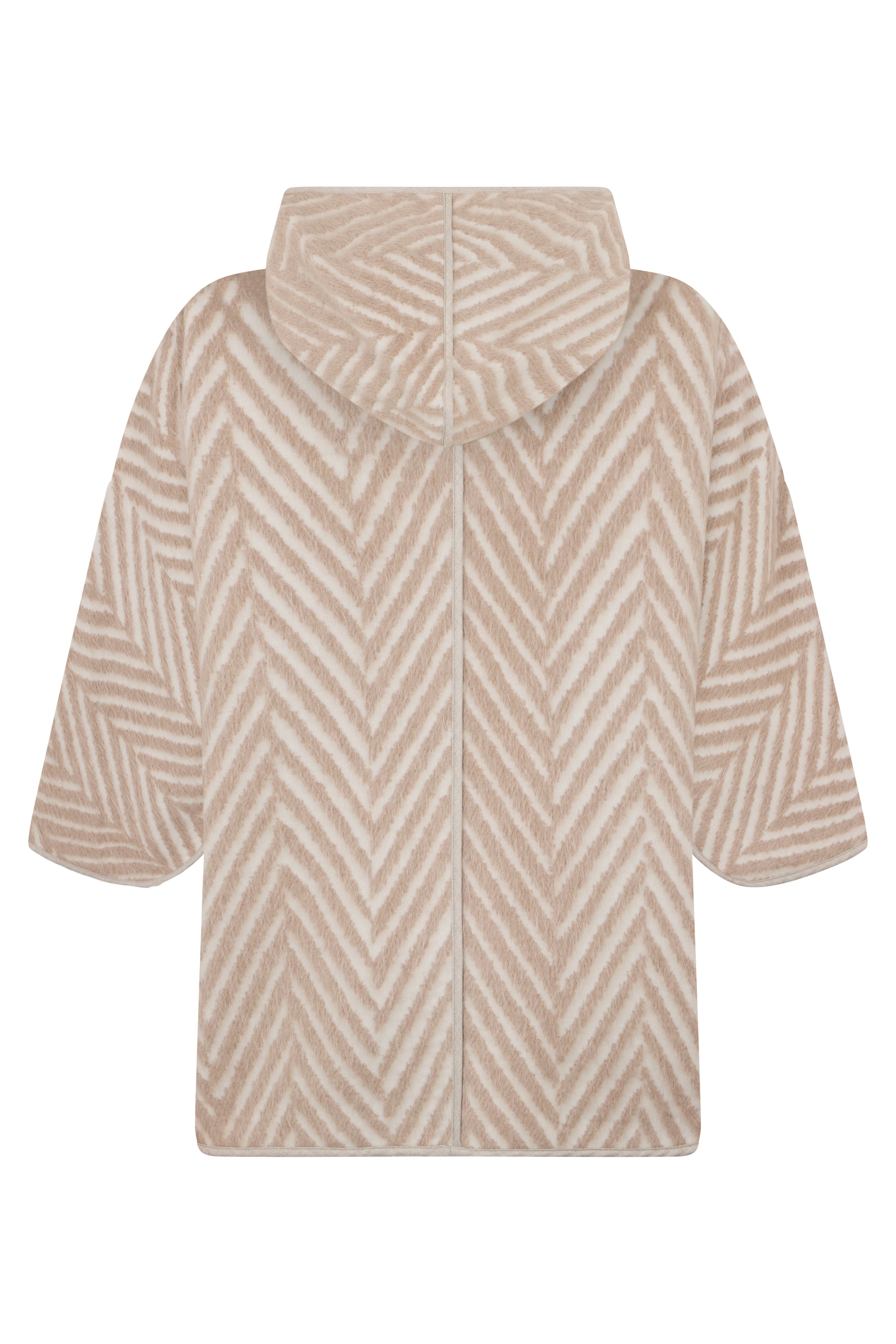 Beige coat with a wide cut, hood, and pockets.