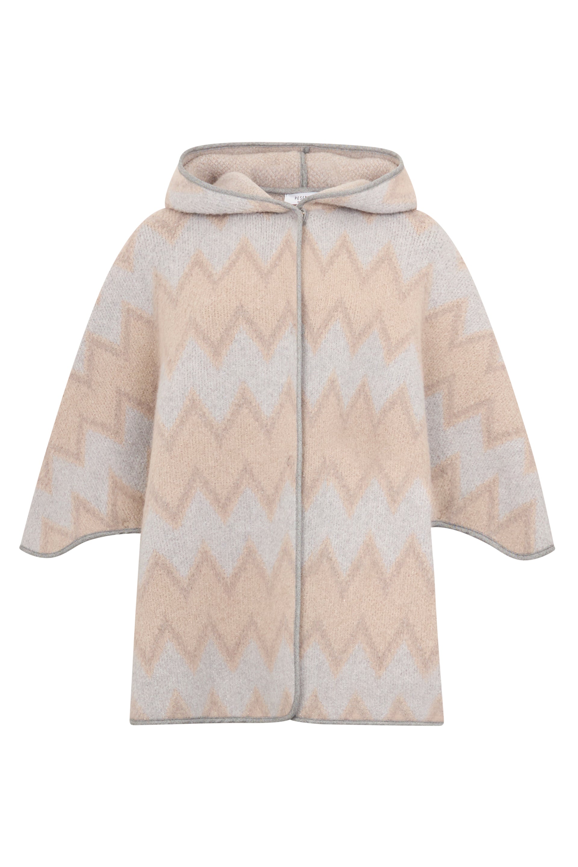 Gray coat with zigzag pattern in beige tones with hood, casual and versatile.