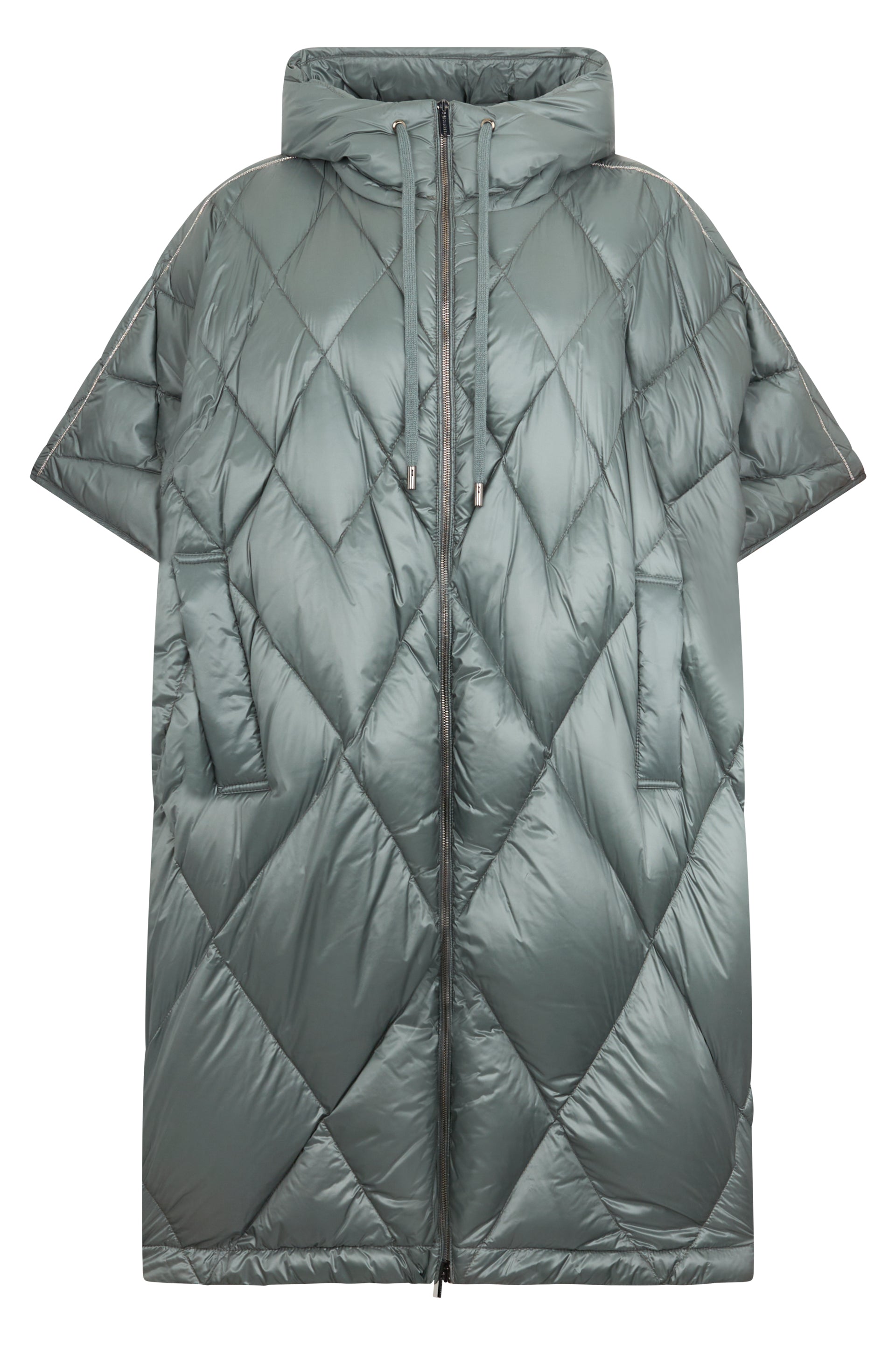 Oversized padded jacket in light petroleum green with zipper and hood of versatile design.