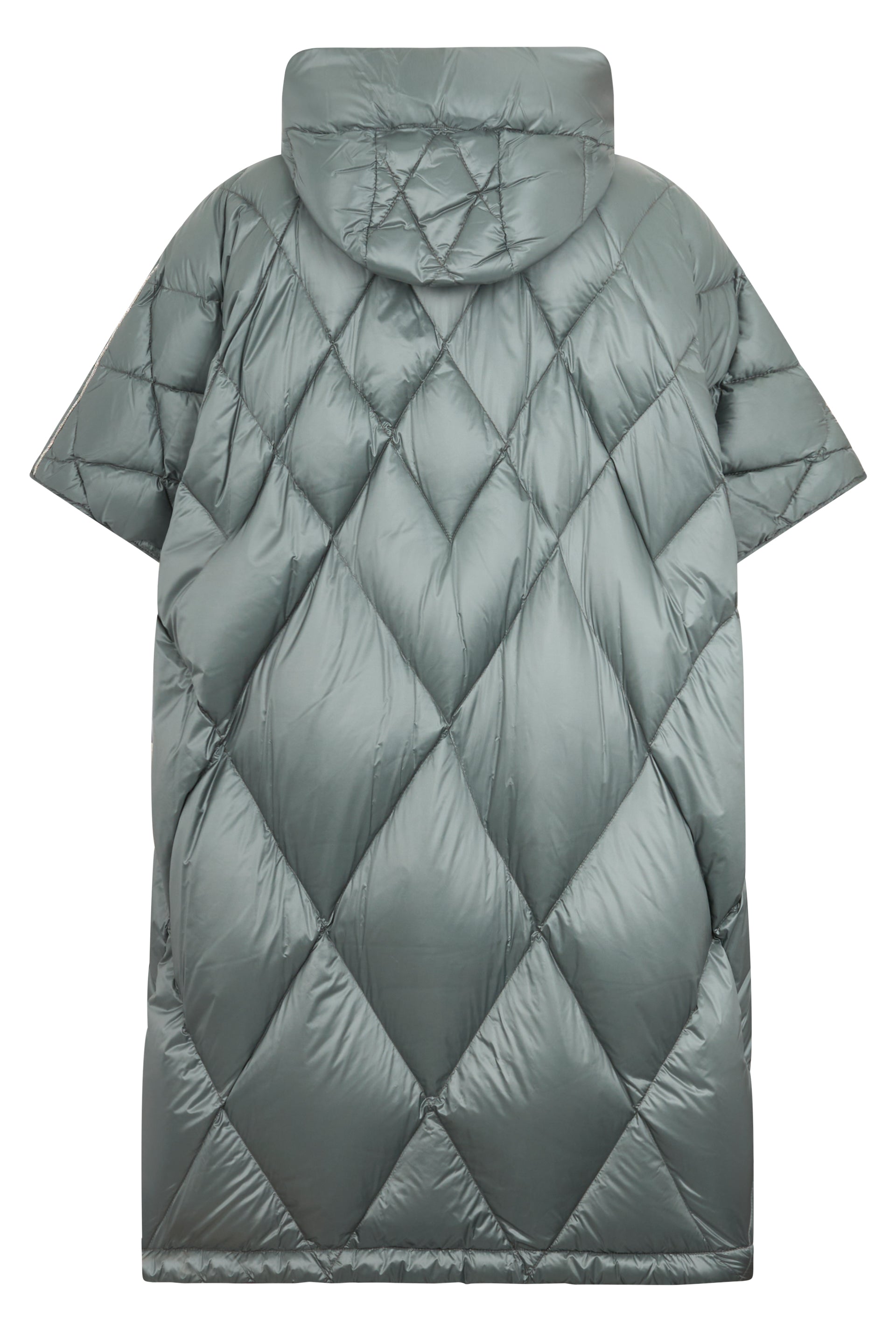 Oversized padded jacket in light petroleum green with zipper and hood of versatile design.