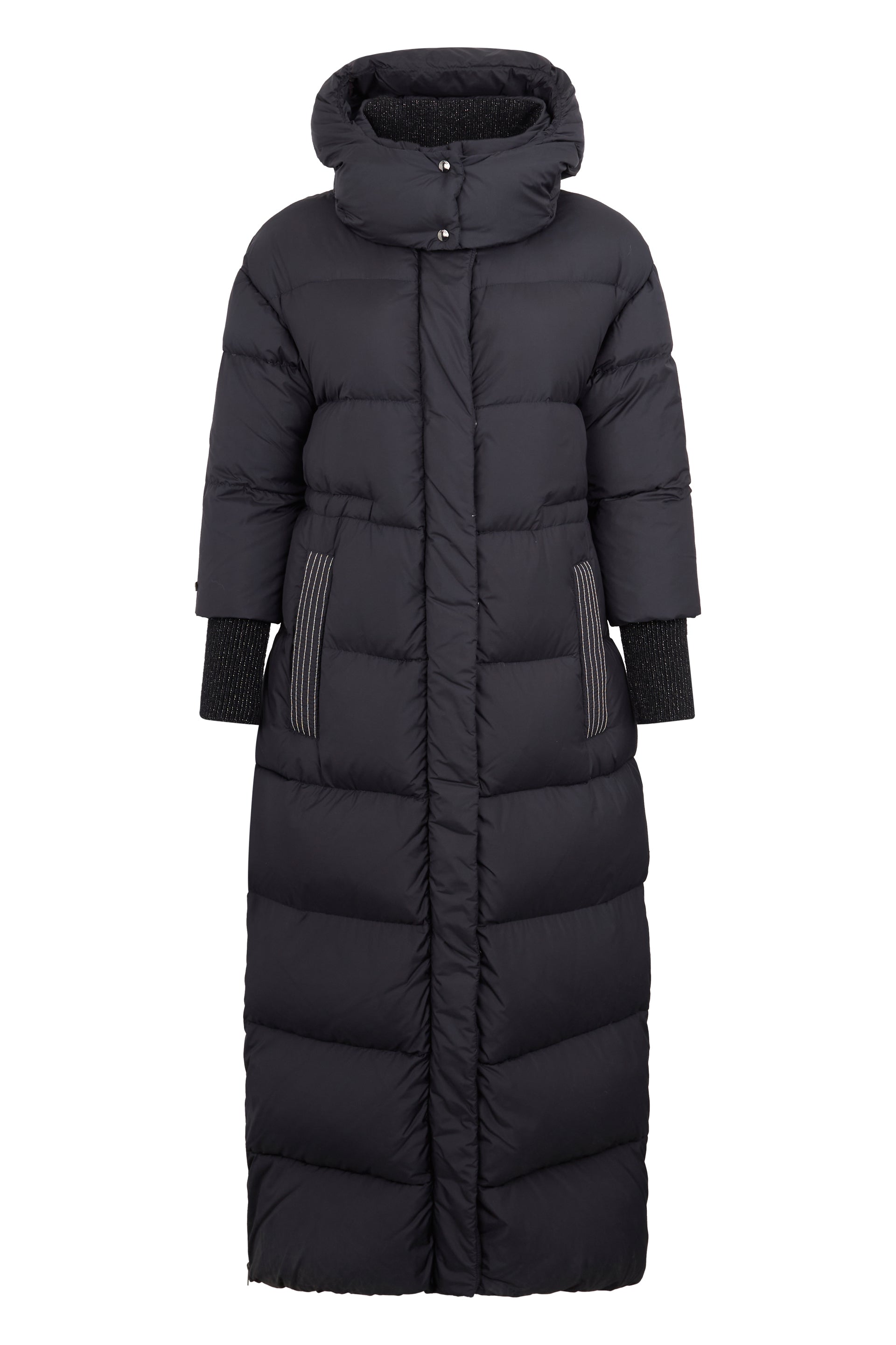 Long padded black coat with a comfortable and versatile design.