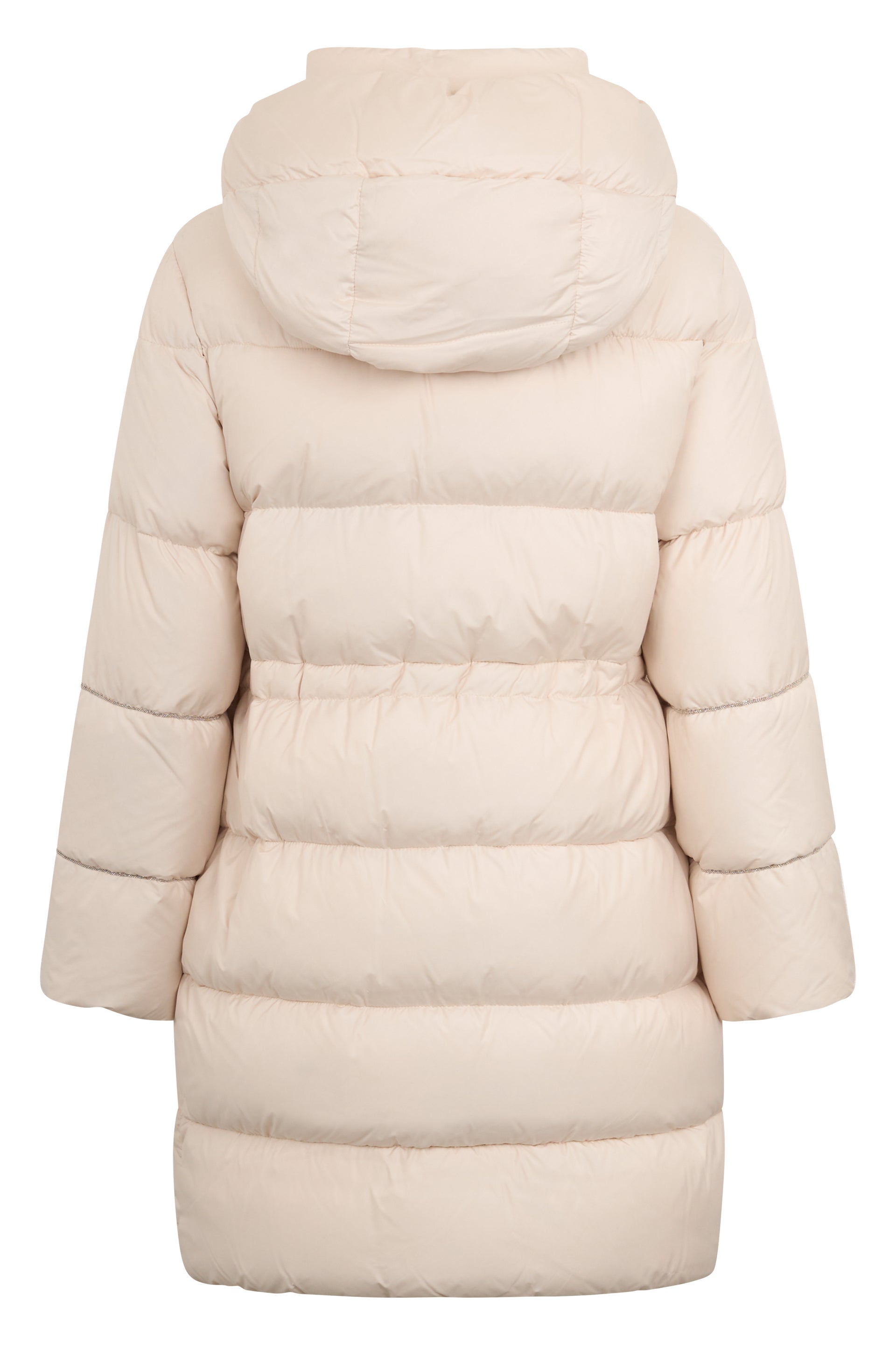 Oversized beige padded coat with hood, minimal and chic.