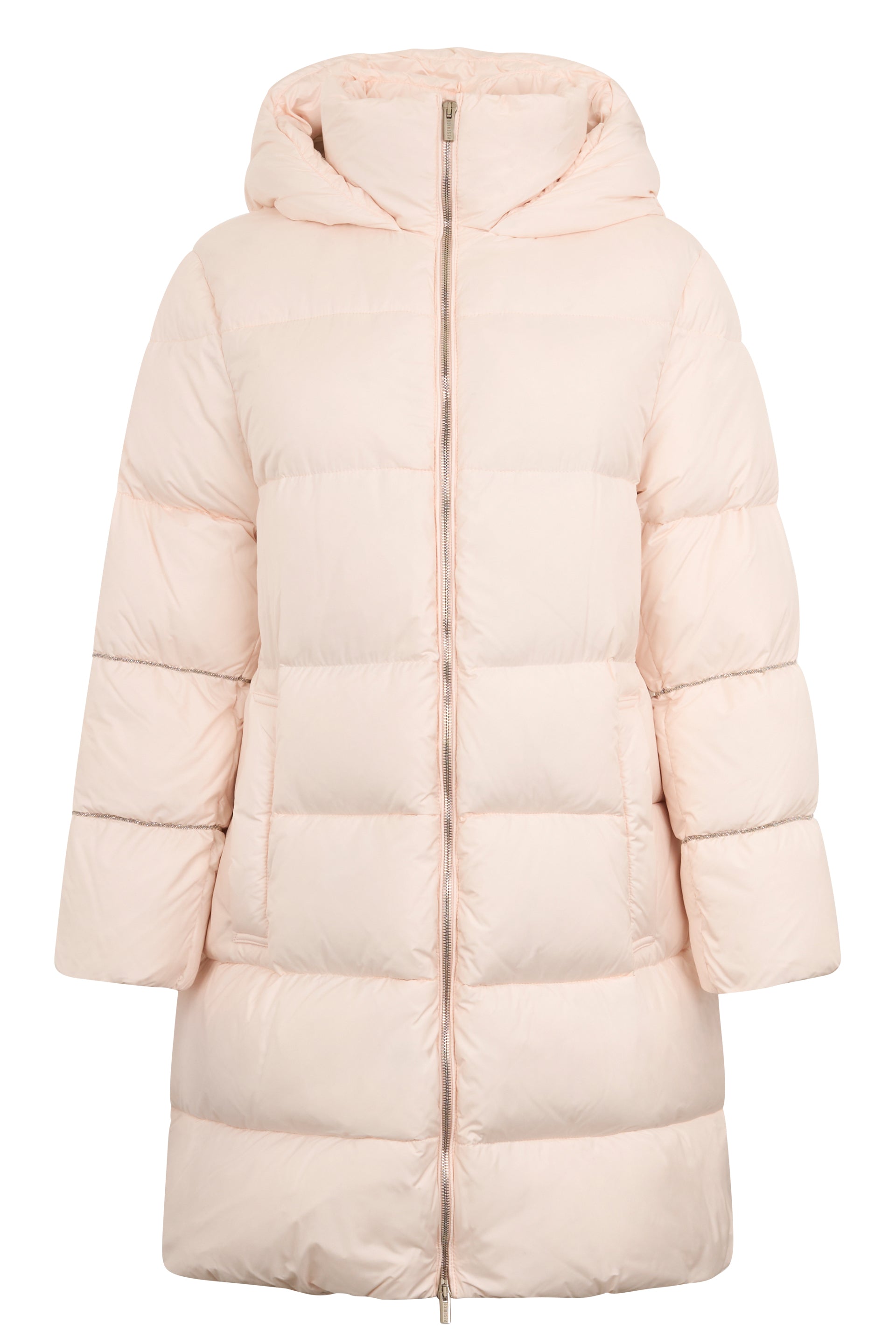 Light pink padded coat with hood, ideal for a fashionable winter look.